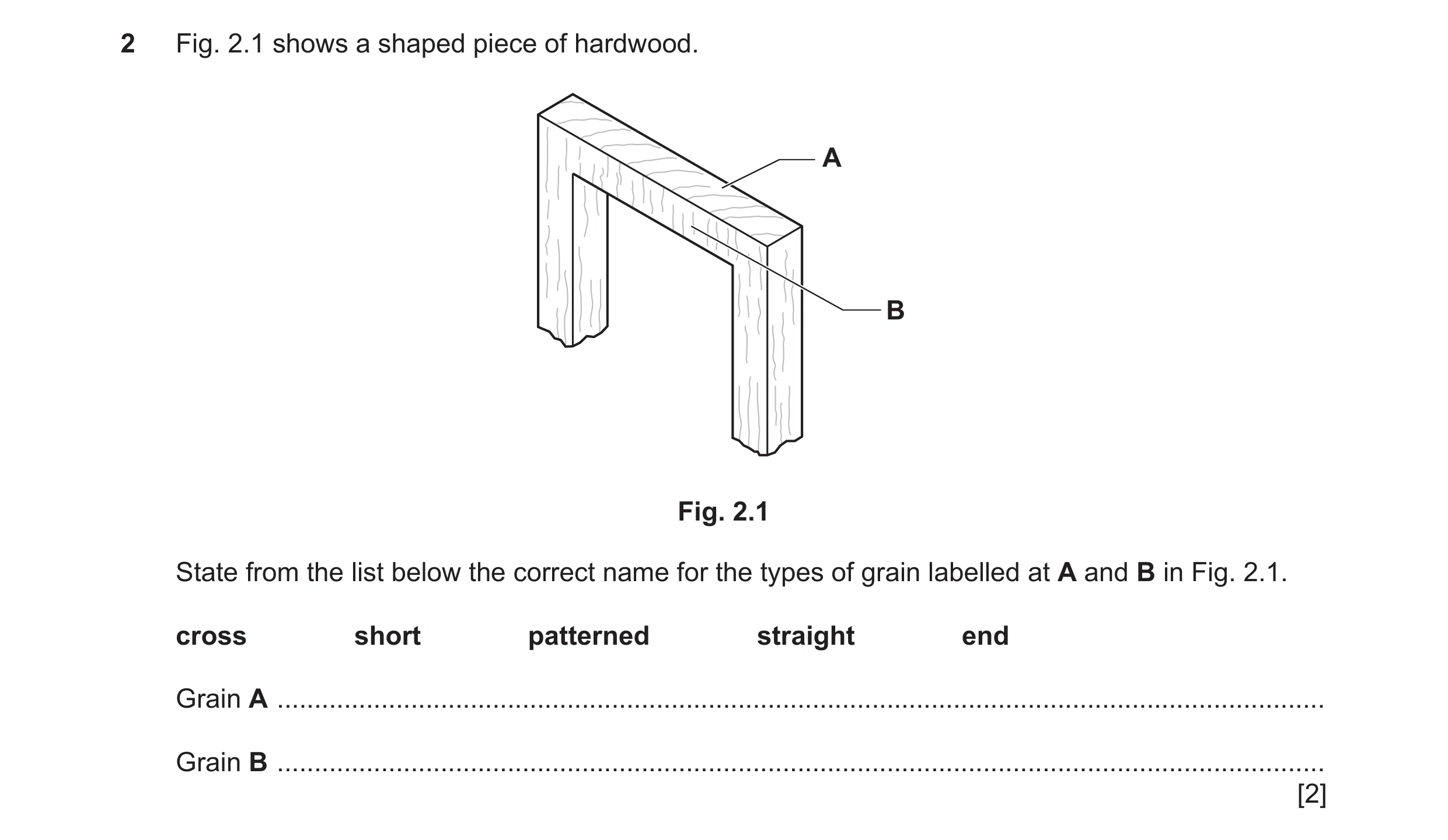 Question 329: Fig. 2.1 shows a shaped piece of hardwood. A B Fig. 2.1 State from the list below the correct name for the types of grain labelled at A and…