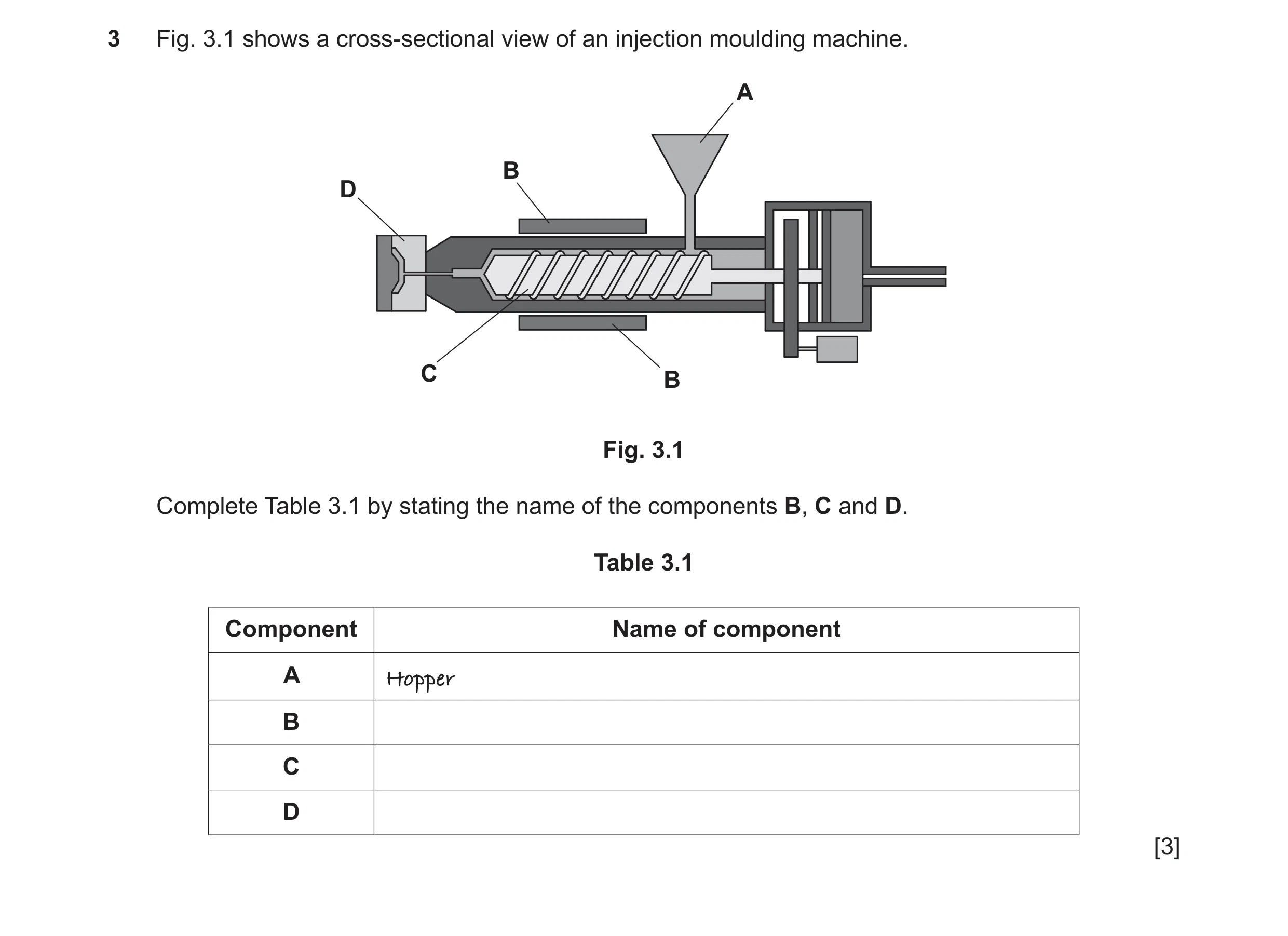 Question 94: Fig. 3.1 shows a cross-sectional view of an injection moulding machine. A B D C B Fig. 3.1 Complete Table 3.1 by stating the name of the co…