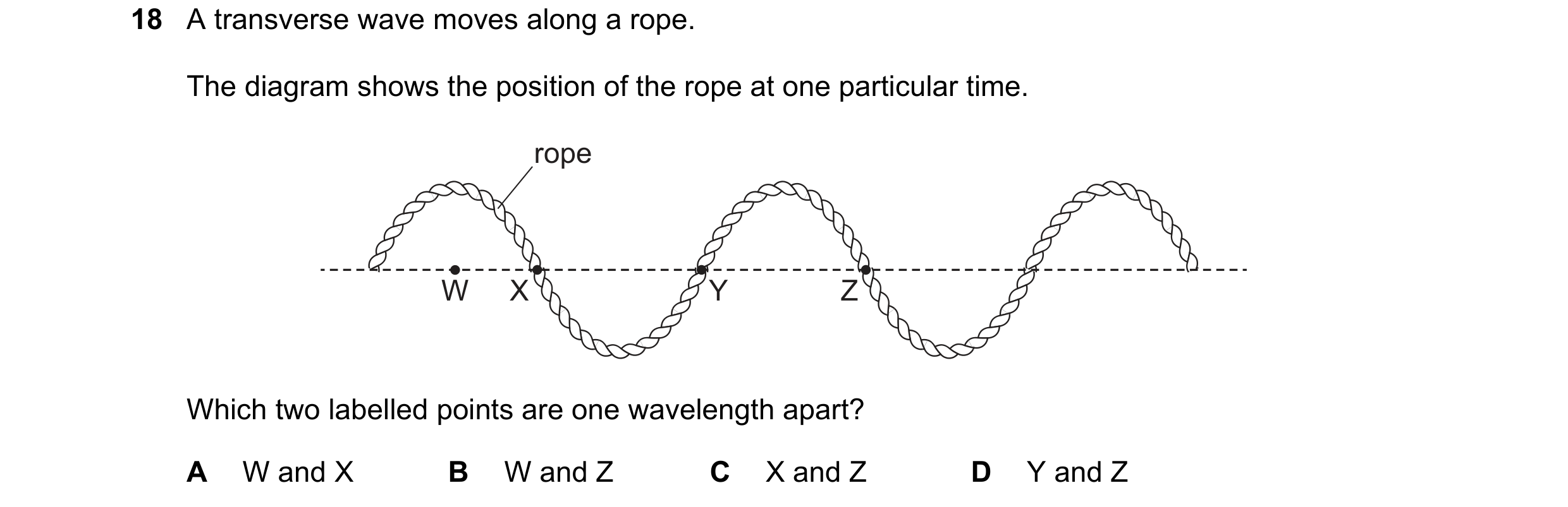 Question 100: A transverse wave moves along a rope. The diagram shows the position of the rope at one particular time. rope W X Y Z Which two labelled po…