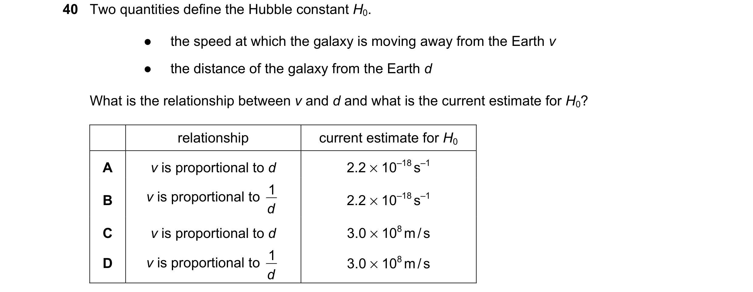 Question 6: Two quantities define the Hubble constant H0. ● the speed at which the galaxy is moving away from the Earth v ● the distance of the galaxy …
