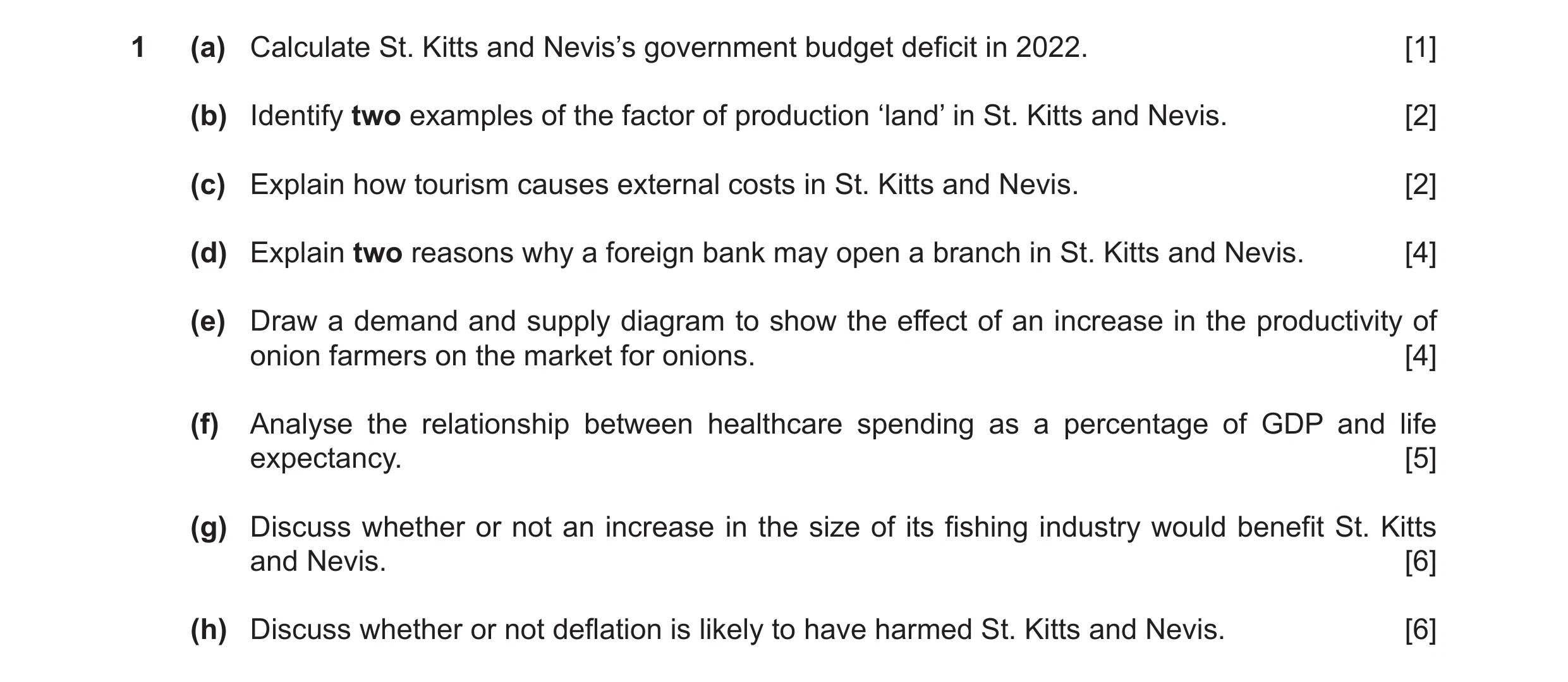 Question 11: (a) Calculate St. Kitts and Nevis’s government budget deficit in 2022. [1] (b) Identify two examples of the factor of production ‘land’ in …