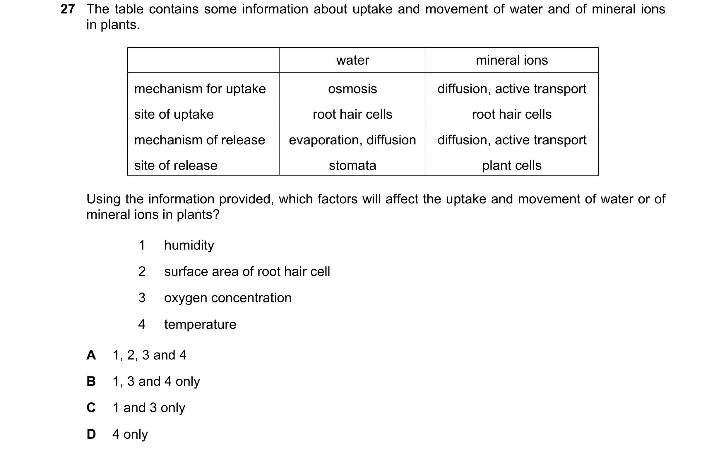 Question 262: The table contains some information about uptake and movement of water and of mineral ions in plants. water mineral ions mechanism for upta…