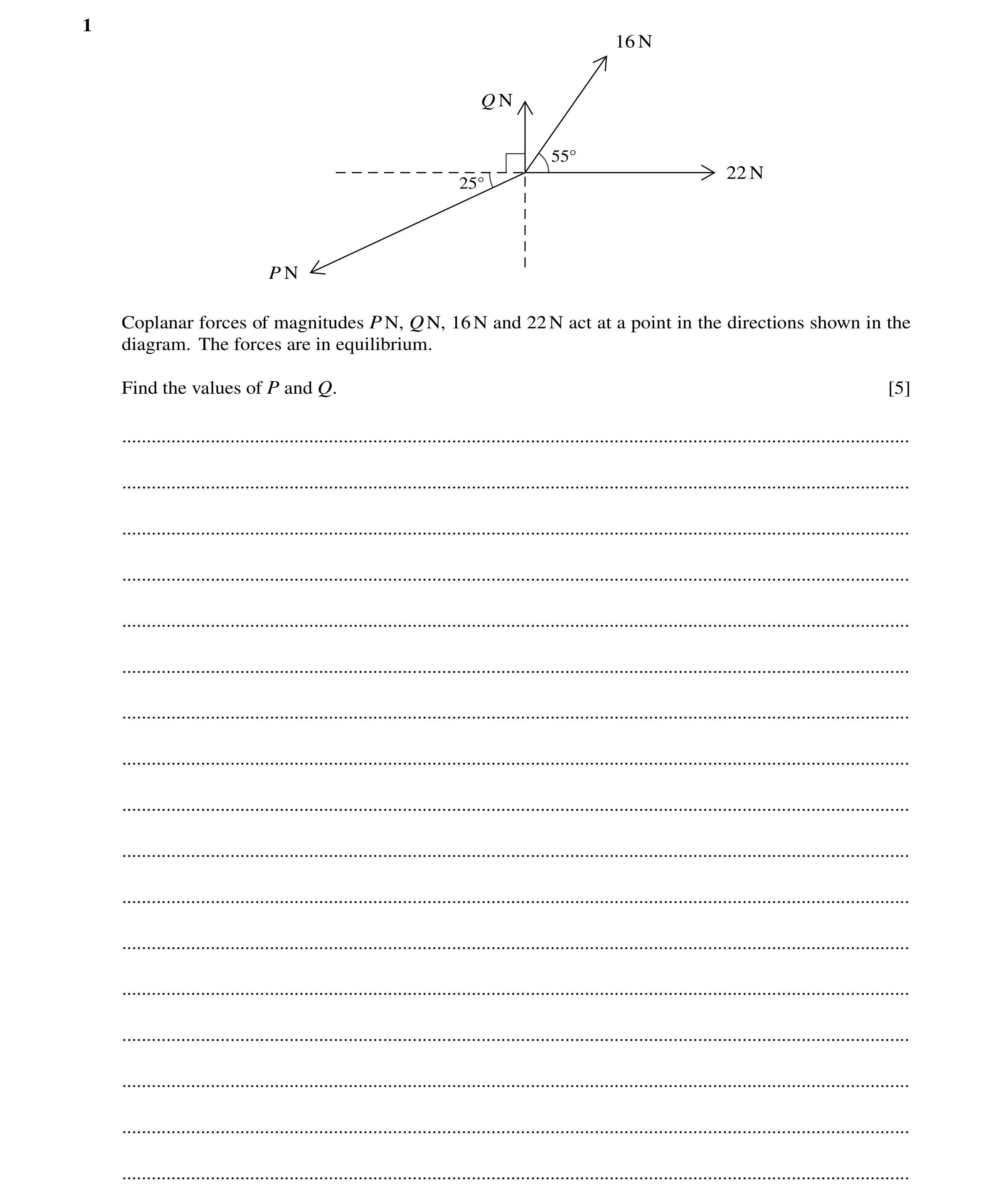 Question 170: Coplanar forces of magnitudes PN, QN, 16N and 22N act at a point in the directions shown in the diagram. The forces are in equilibrium. Fin…