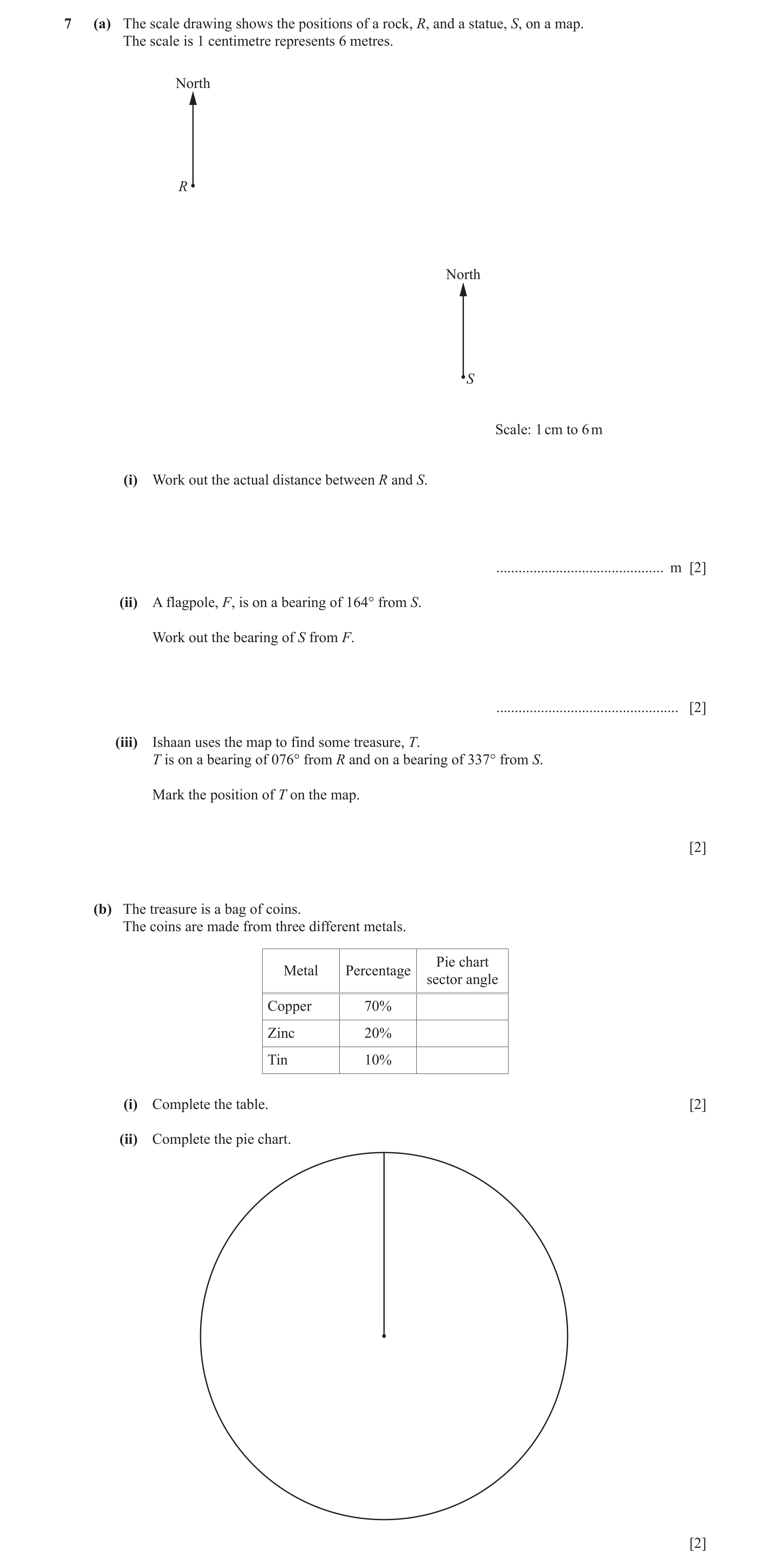 Question 36: (a) The scale drawing shows the positions of a rock, R, and a statue, S, on a map. The scale is 1 centimetre represents 6 metres. North R N…