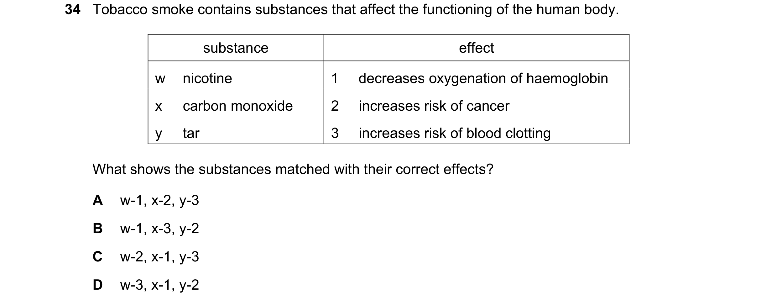 Question 160: Tobacco smoke contains substances that affect the functioning of the human body. substance effect w nicotine 1 decreases oxygenation of hae…