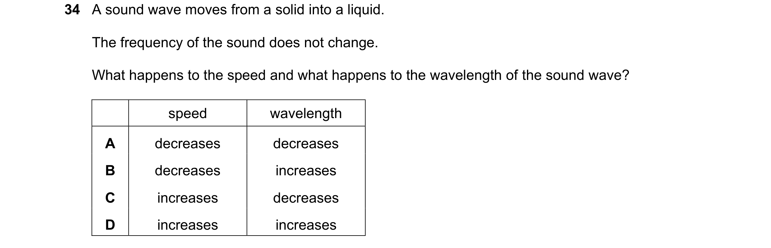 Question 46: A sound wave moves from a solid into a liquid. The frequency of the sound does not change. What happens to the speed and what happens to th…