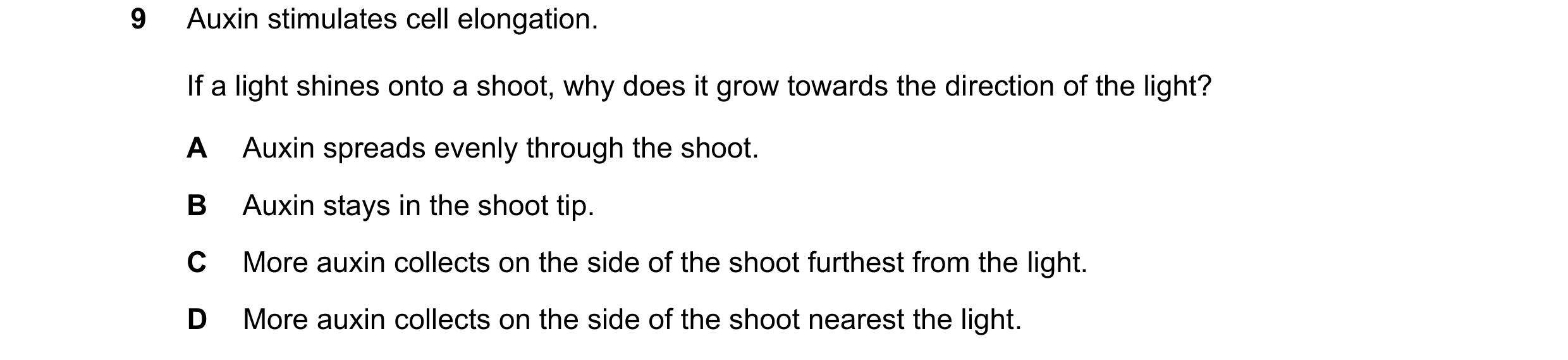 Question 38: Auxin stimulates cell elongation. If a light shines onto a shoot, why does it grow towards the direction of the light? A Auxin spreads even…