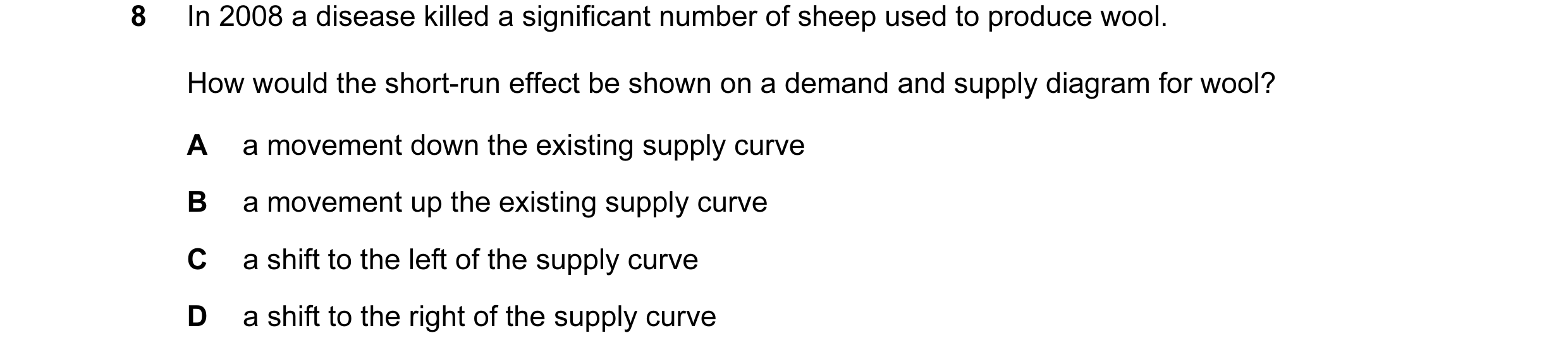 Question 38: In 2008 a disease killed a significant number of sheep used to produce wool. How would the short-run effect be shown on a demand and supply…