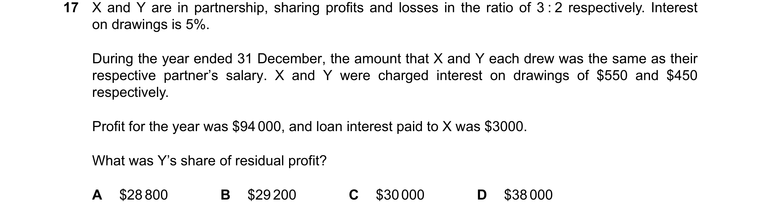 Question 205: X and Y are in partnership, sharing profits and losses in the ratio of 3 : 2 respectively. Interest on drawings is 5%. During the year ende…