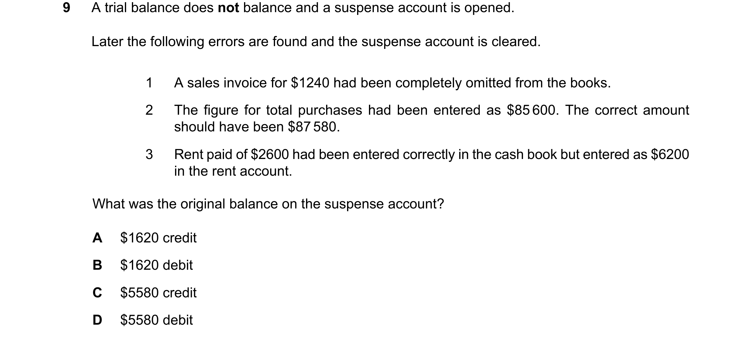 Question 418: A trial balance does not balance and a suspense account is opened. Later the following errors are found and the suspense account is cleared…