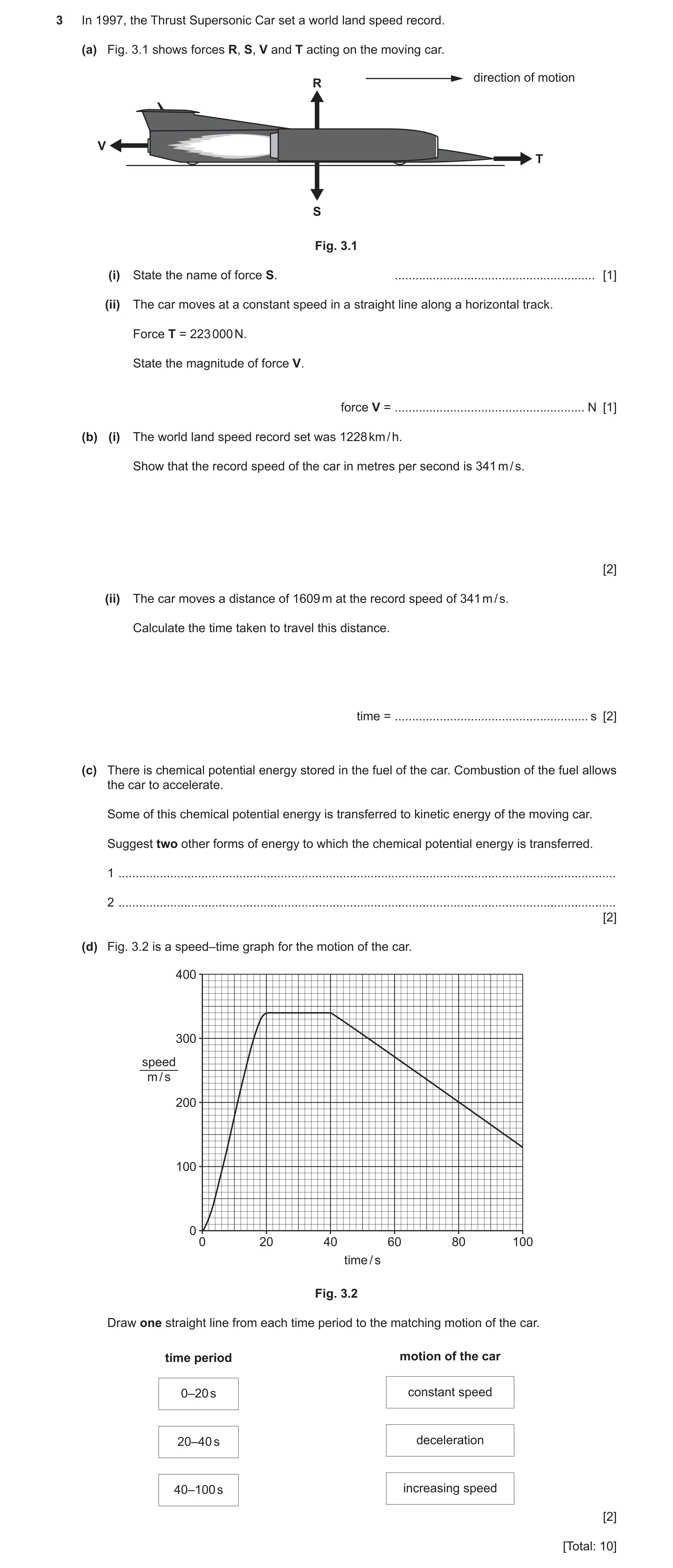 Question 33: In 1997, the Thrust Supersonic Car set a world land speed record. (a) Fig. 3.1 shows forces R, S, V and T acting on the moving car. directi…