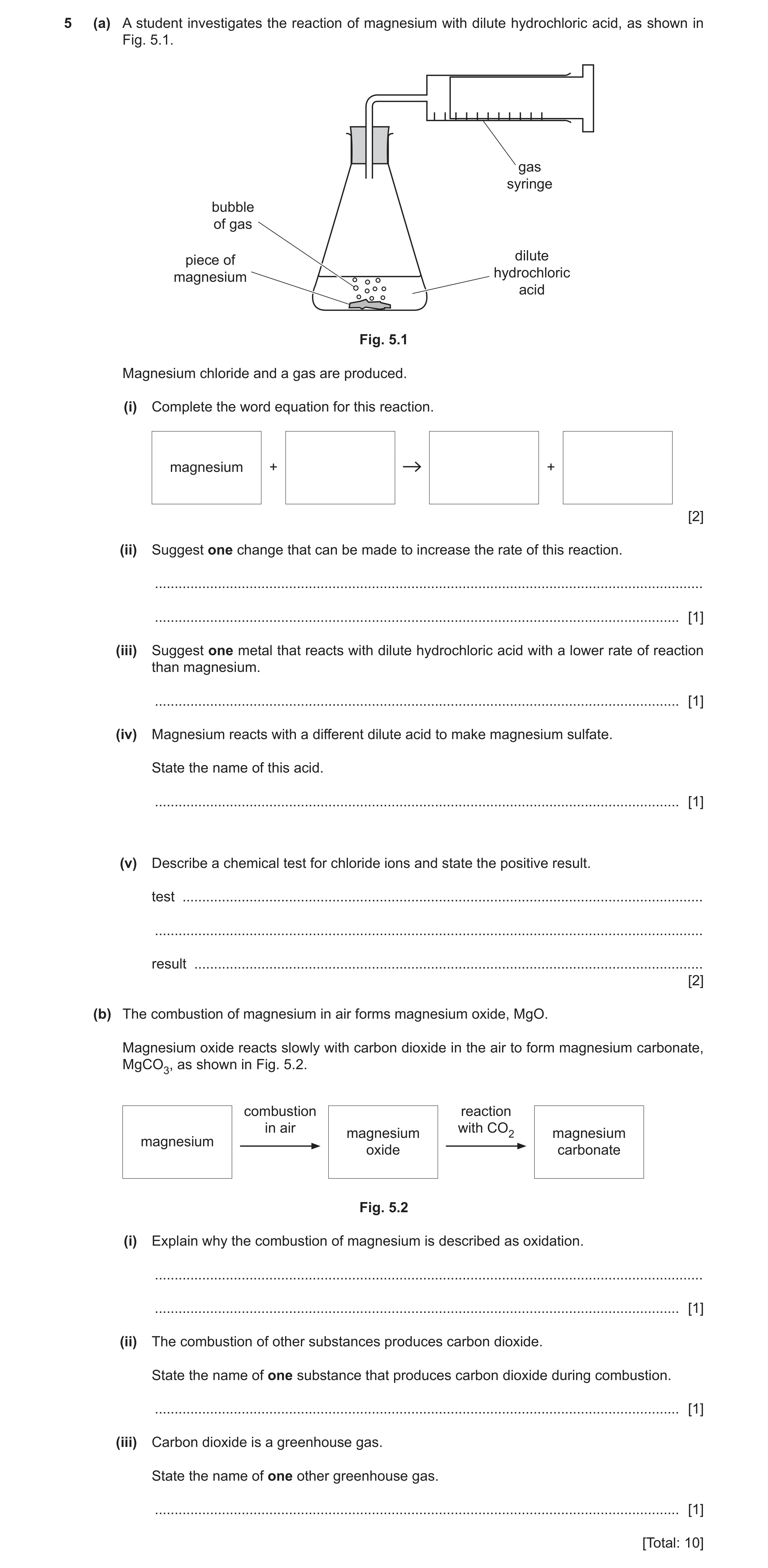 Question 18: (a) A student investigates the reaction of magnesium with dilute hydrochloric acid, as shown in Fig. 5.1. gas syringe bubble of gas dilute …