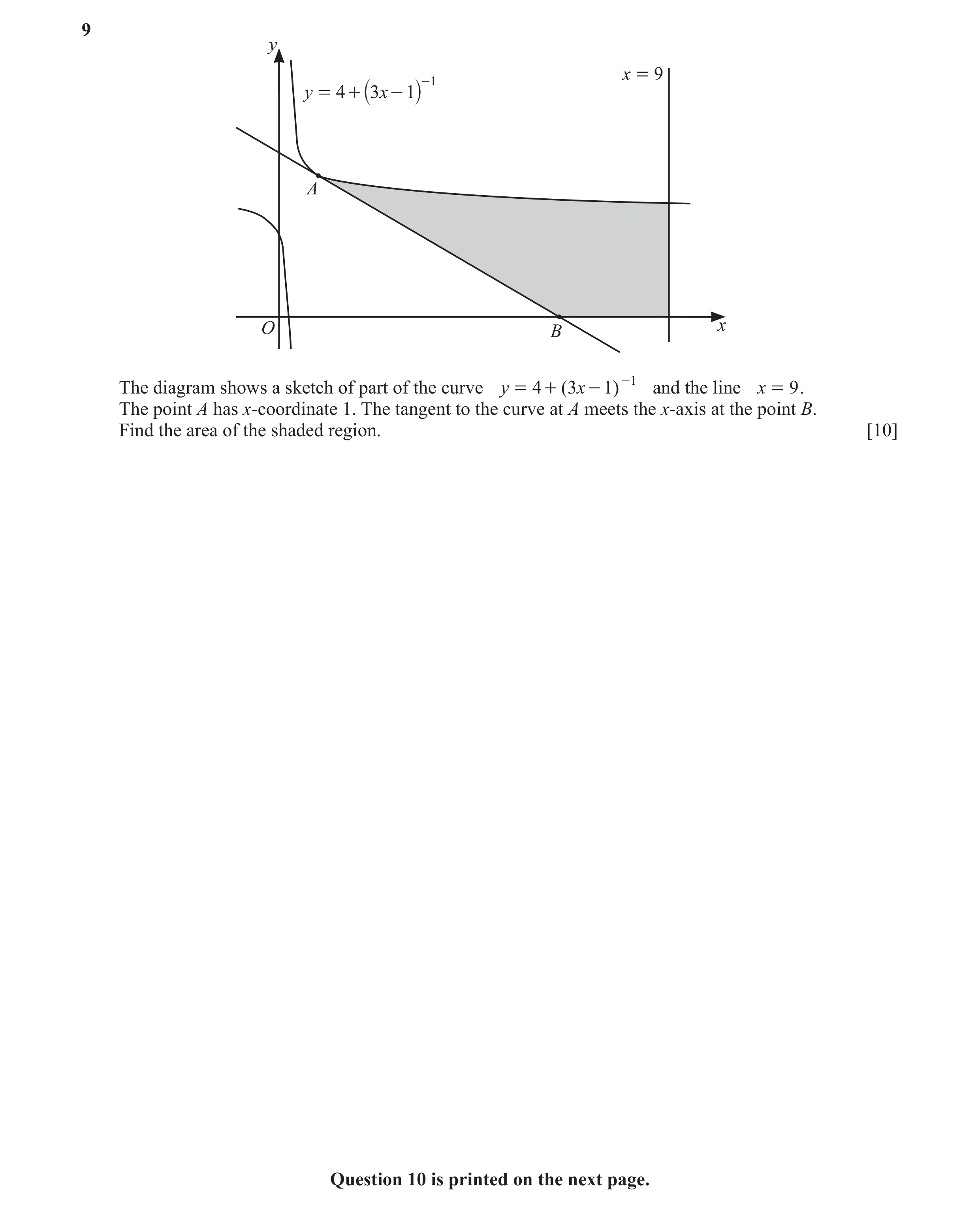 Question 30: y -1 x = 9 y = 4 + 3x - 1 ` j A O B x The diagram shows a sketch of part of the curve y = 4 + ( 3 x - 1 ) -1 and the line x = 9 . The point…