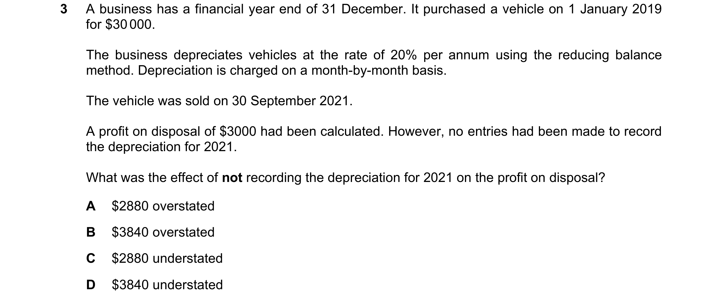Question 230: A business has a financial year end of 31 December. It purchased a vehicle on 1 January 2019 for $30 000. The business depreciates vehicles…