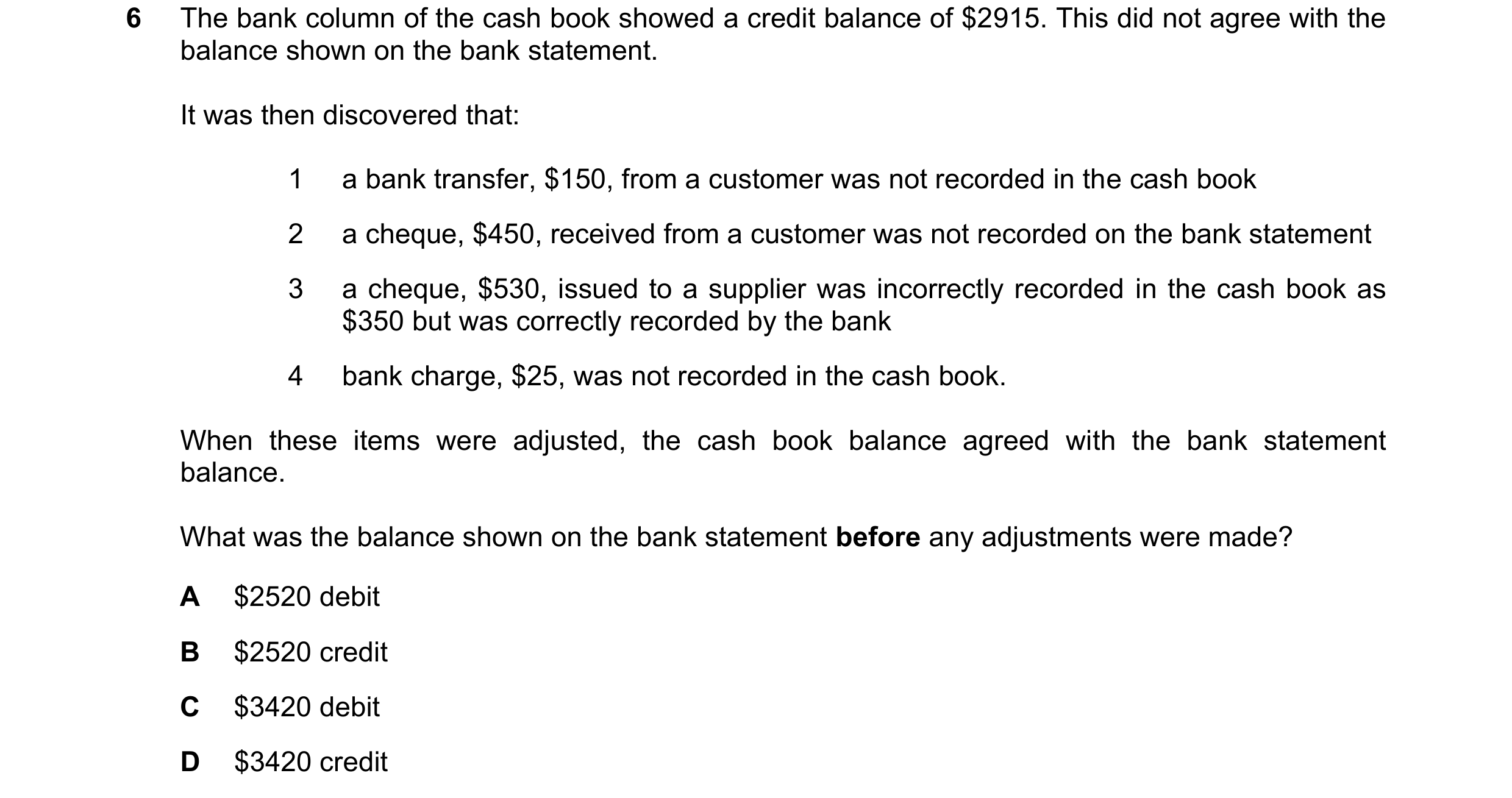 Question 311: The bank column of the cash book showed a credit balance of $2915. This did not agree with the balance shown on the bank statement. It was …
