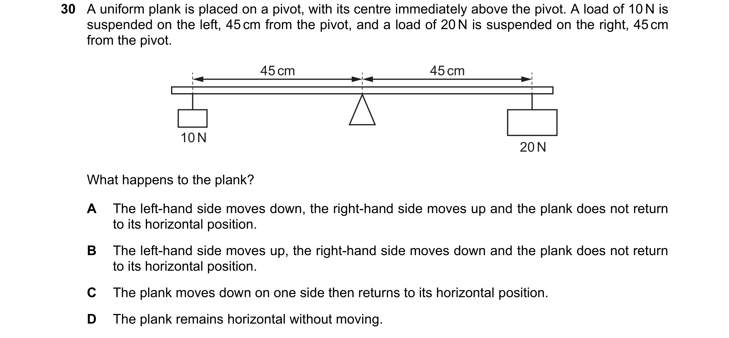 Question 6: A uniform plank is placed on a pivot, with its centre immediately above the pivot. A load of 10 N is suspended on the left, 45 cm from the …