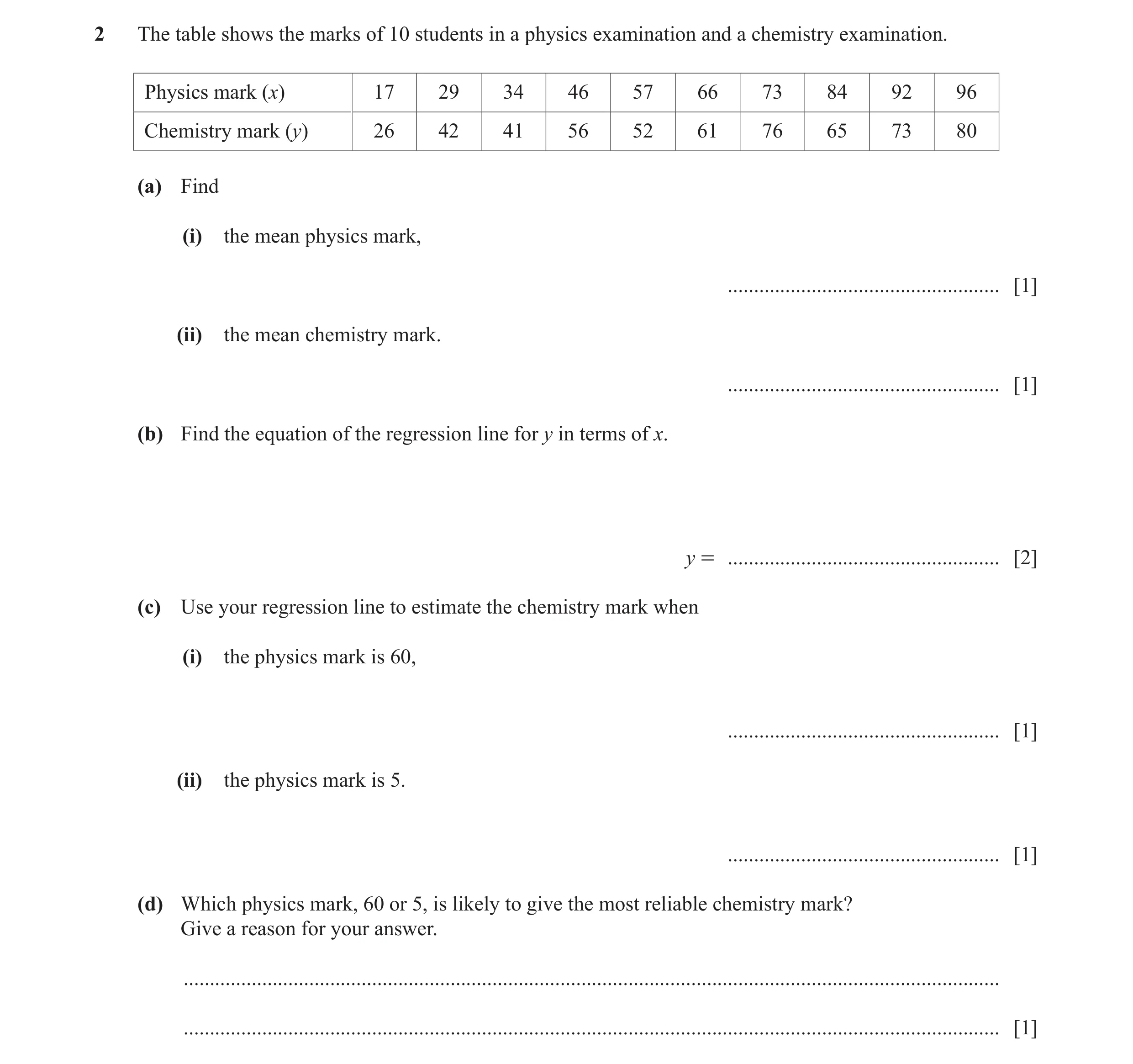 Question 6: The table shows the marks of 10 students in a physics examination and a chemistry examination. Physics mark (x) 17 29 34 46 57 66 73 84 92 …