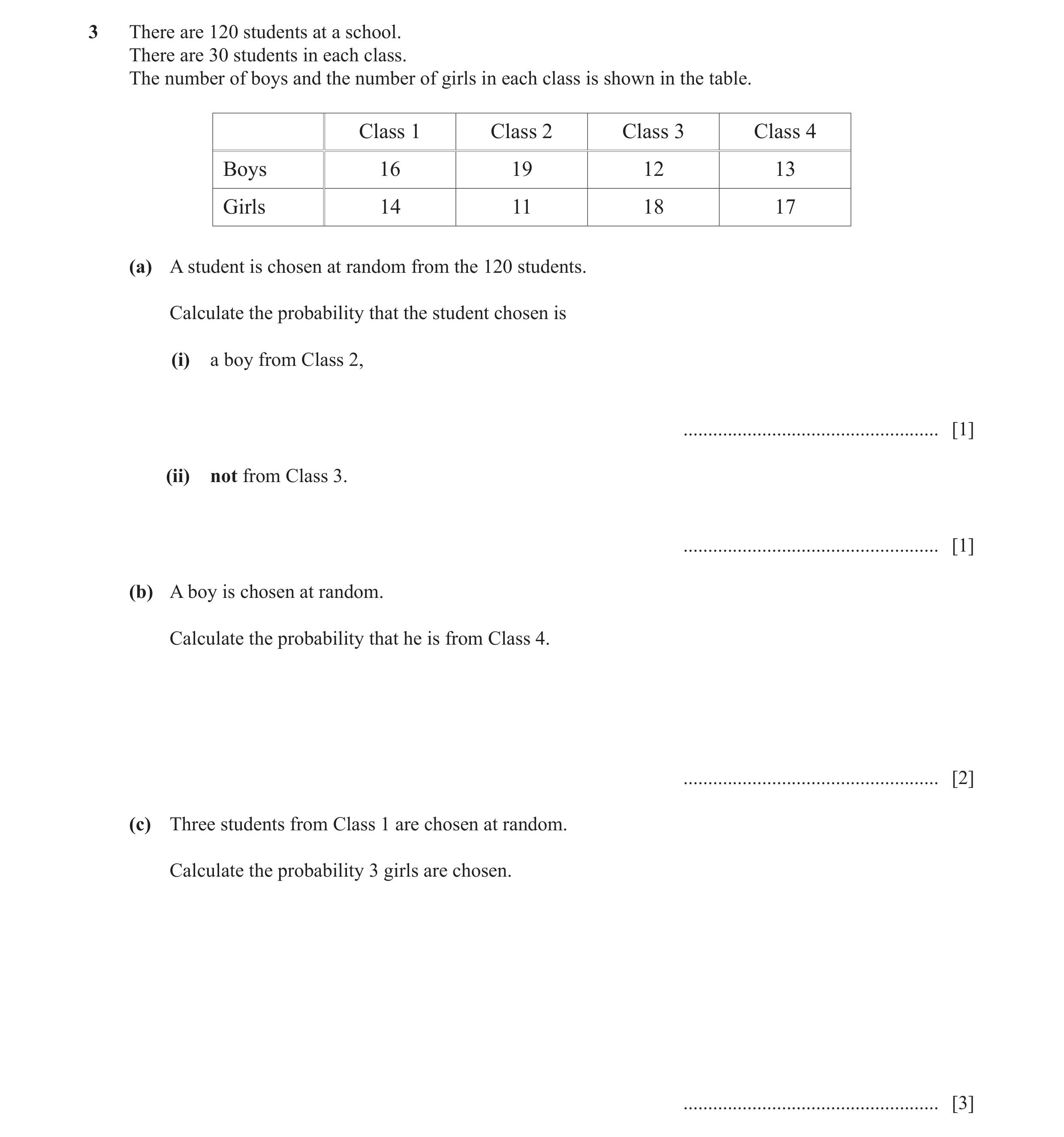 Question 13: There are 120 students at a school. There are 30 students in each class. The number of boys and the number of girls in each class is shown …