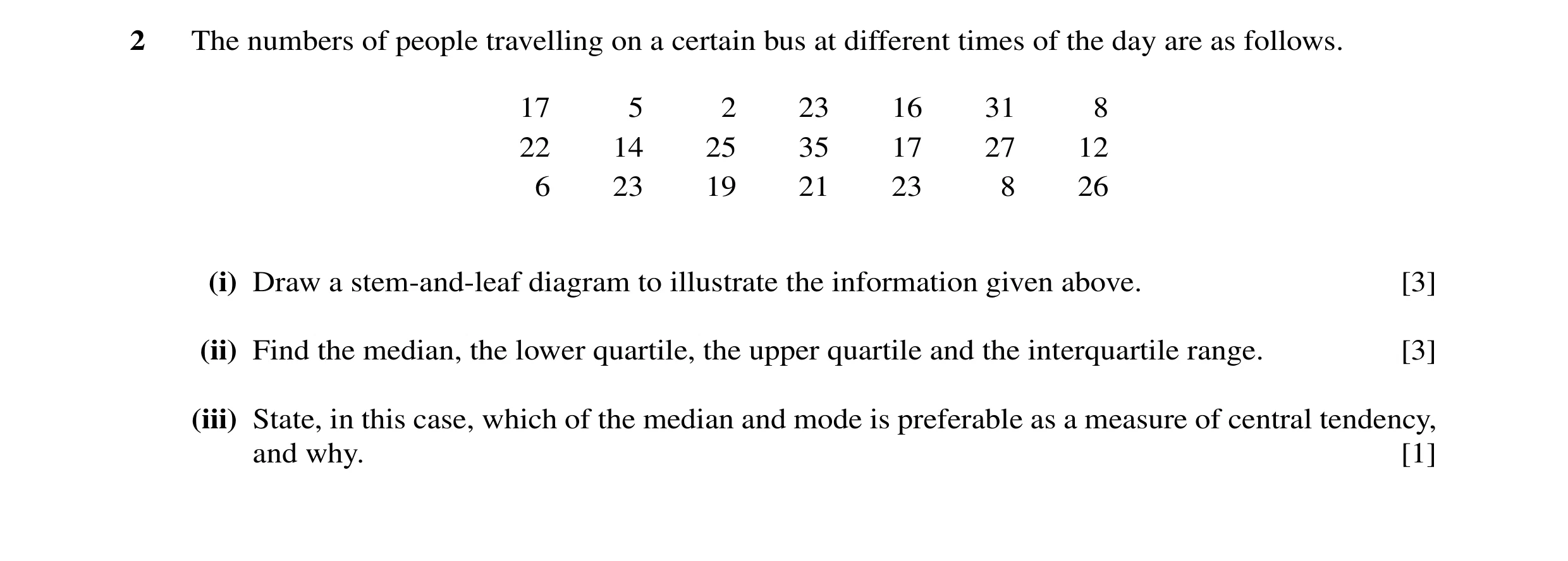 Question 9: The numbers of people travelling on a certain bus at different times of the day are as follows. 17 5 2 23 16 31 8 22 14 25 35 17 27 12 6 23…