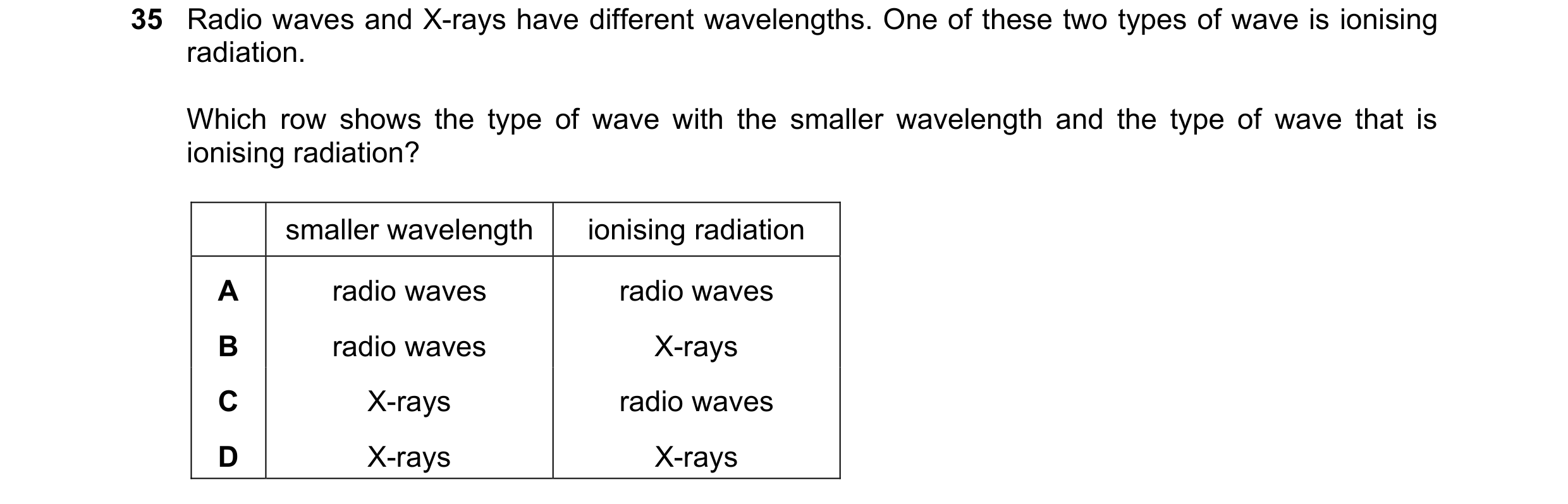 Question 48: Radio waves and X-rays have different wavelengths. One of these two types of wave is ionising radiation. Which row shows the type of wave w…