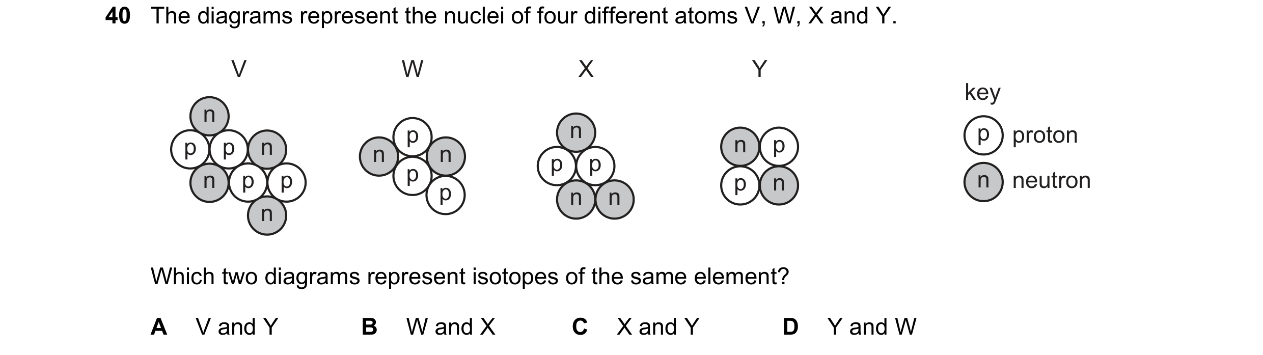 Question 31: The diagrams represent the nuclei of four different atoms V, W, X and Y. V W X Y key n p n p proton p p n n n n p p p p n p p p n n neutron…