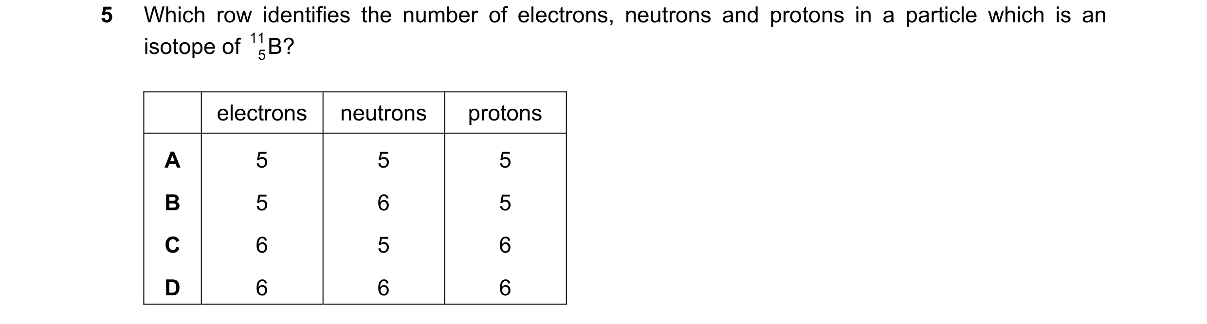 Question 15: Which row identifies the number of electrons, neutrons and protons in a particle which is an isotope of 11 B? 5 electrons neutrons protons …