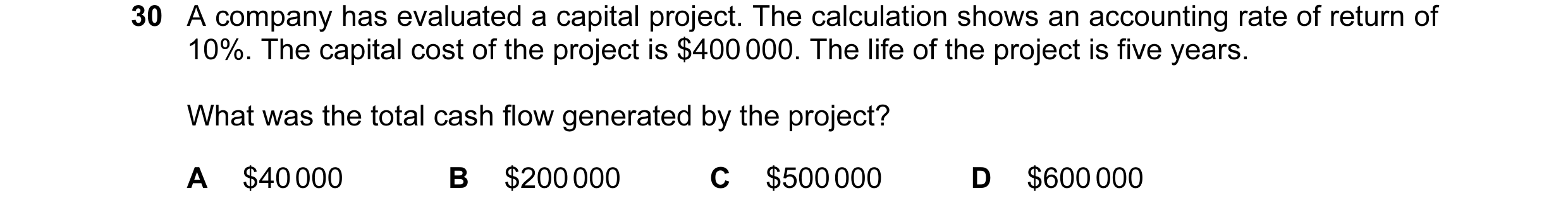 Question 57: A company has evaluated a capital project. The calculation shows an accounting rate of return of 10%. The capital cost of the project is $4…