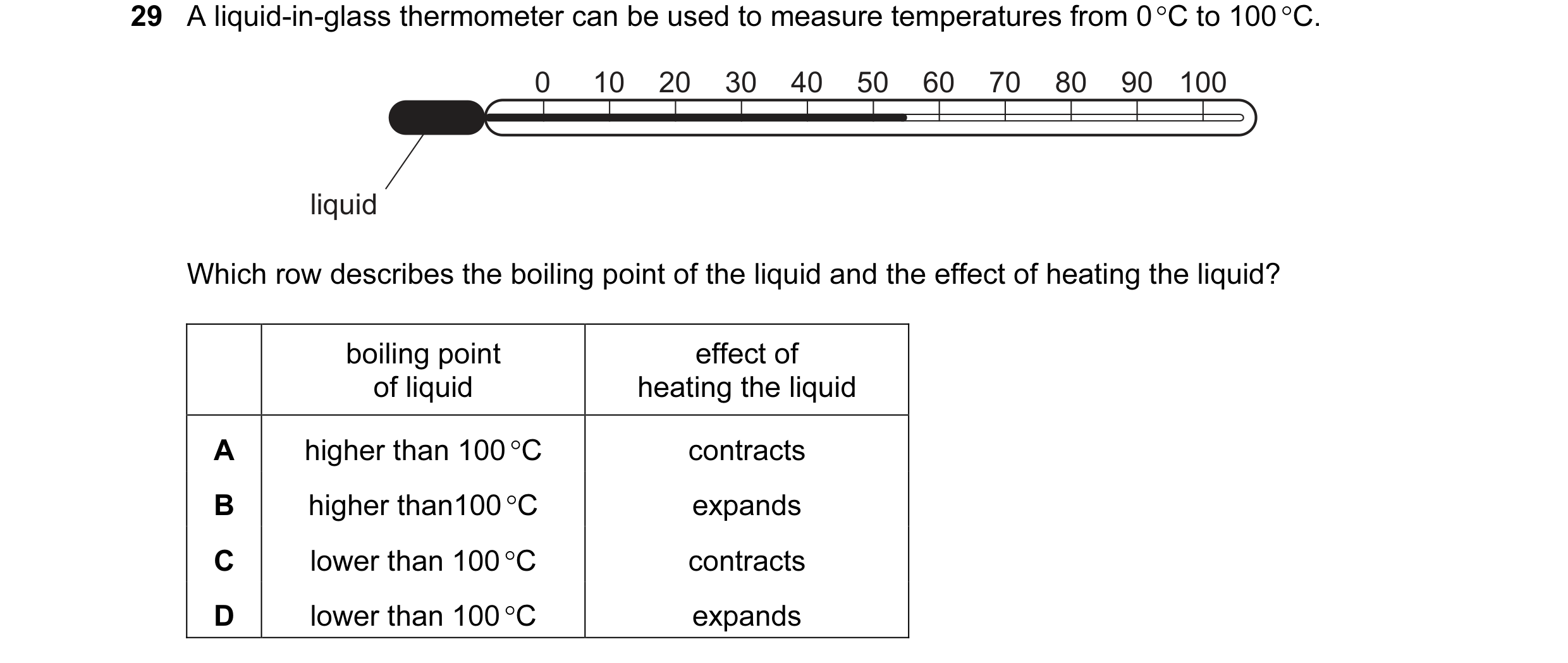Question 10: A liquid-in-glass thermometer can be used to measure temperatures from 0 °C to 100 °C. 0 10 20 30 40 50 60 70 80 90 100 liquid Which row de…