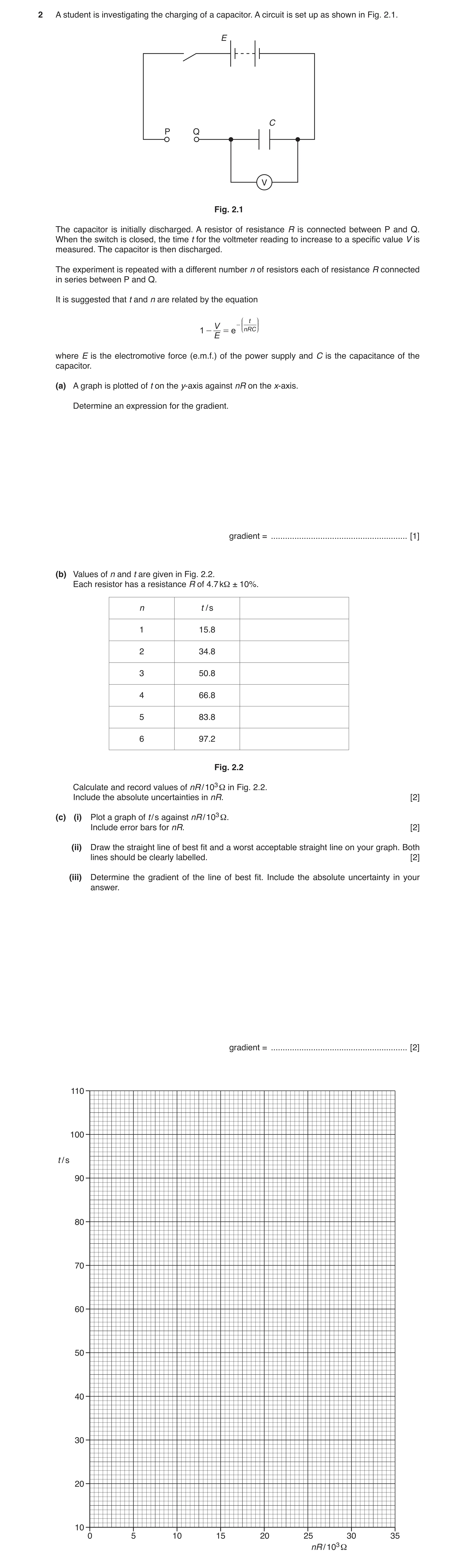 Question 2: A student is investigating the charging of a capacitor. A circuit is set up as shown in Fig. 2.1. E C P Q V Fig. 2.1 The capacitor is initi…