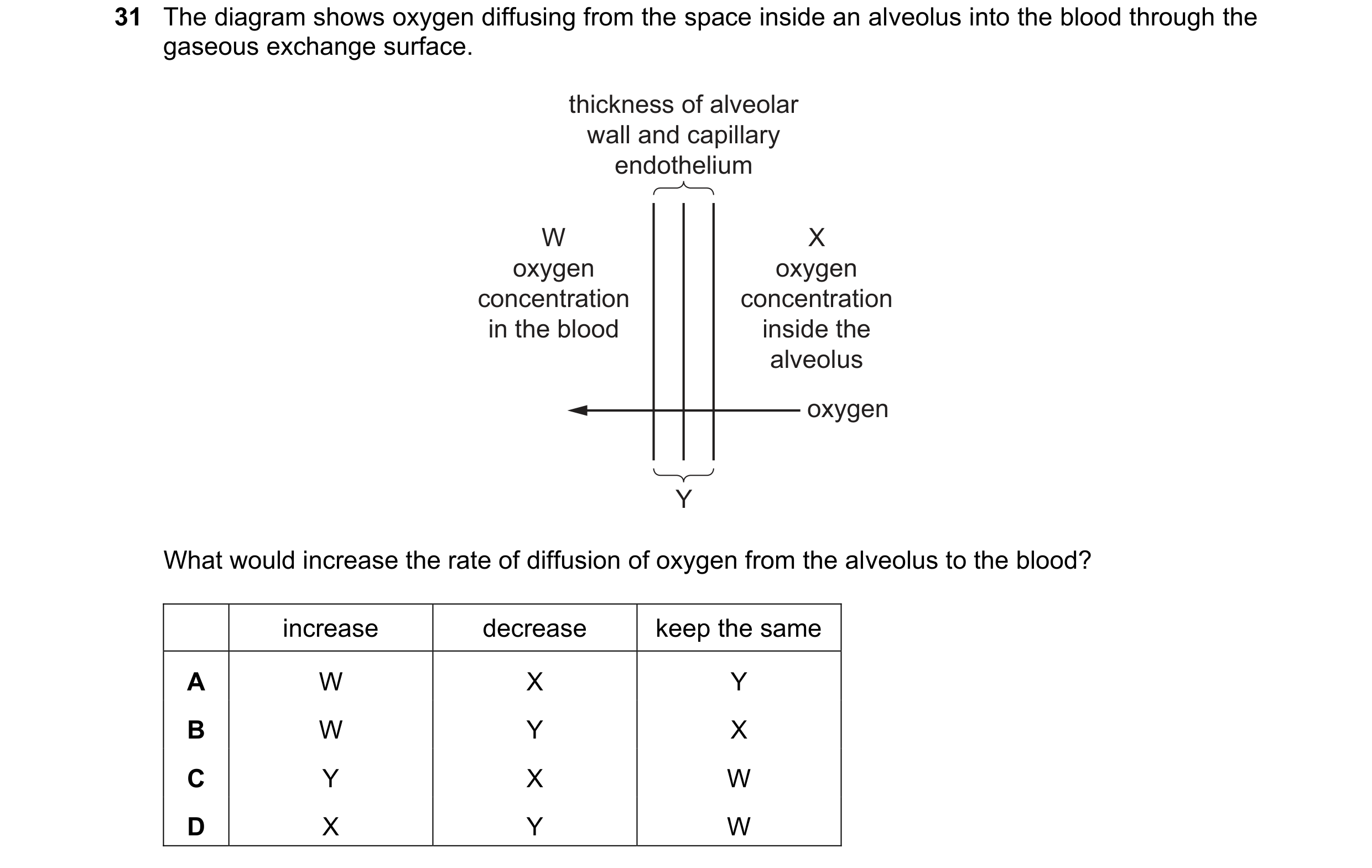 Question 241: The diagram shows oxygen diffusing from the space inside an alveolus into the blood through the gaseous exchange surface. thickness of alve…
