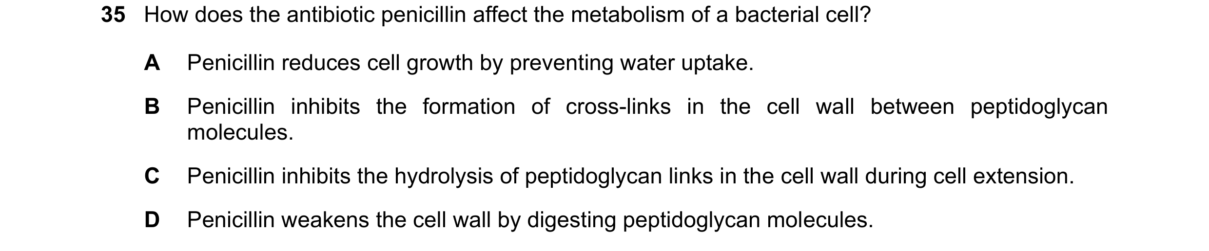Question 85: How does the antibiotic penicillin affect the metabolism of a bacterial cell? A Penicillin reduces cell growth by preventing water uptake. …