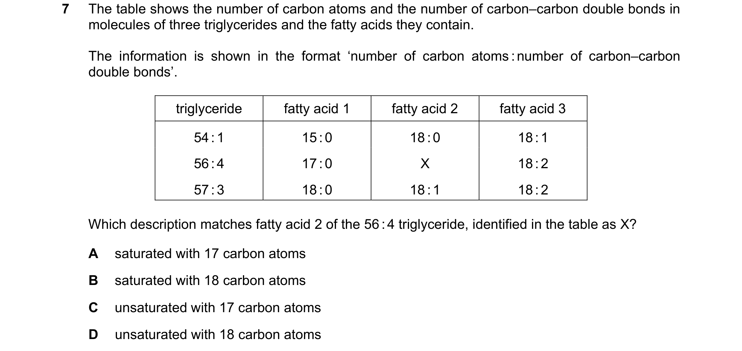 Question 323: The table shows the number of carbon atoms and the number of carbon–carbon double bonds in molecules of three triglycerides and the fatty a…