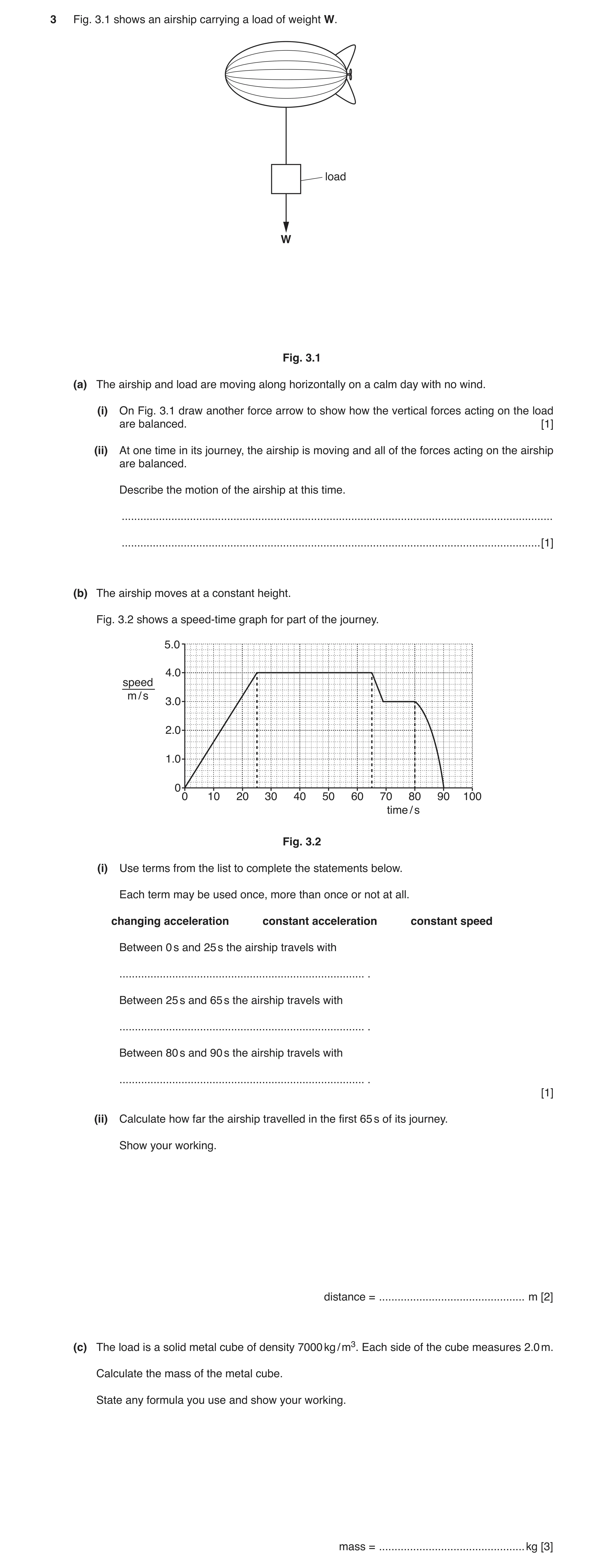 Question 7: Fig. 3.1 shows an airship carrying a load of weight W. load W Fig. 3.1 (a) The airship and load are moving along horizontally on a calm day…