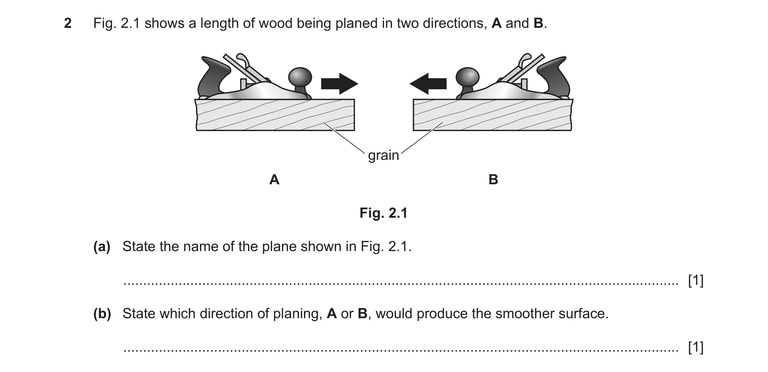 Question 350: Fig. 2.1 shows a length of wood being planed in two directions, A and B. grain A B Fig. 2.1 (a) State the name of the plane shown in Fig. 2…