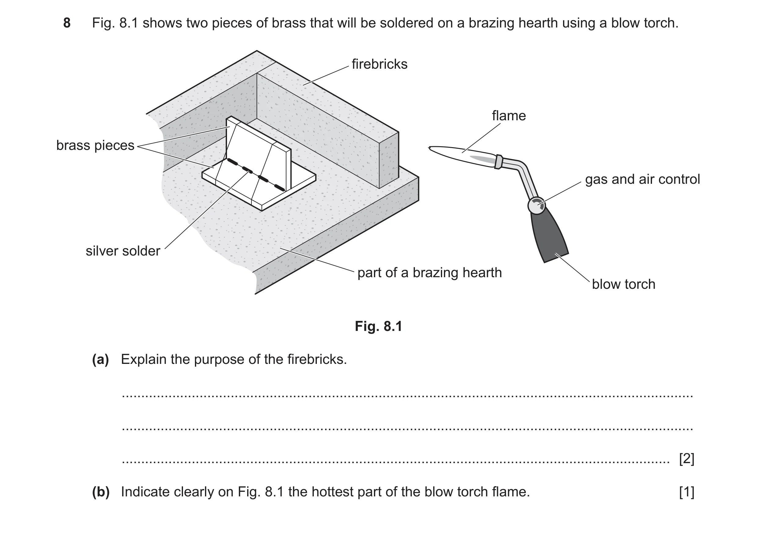 Question 354: Fig. 8.1 shows two pieces of brass that will be soldered on a brazing hearth using a blow torch. firebricks flame brass pieces gas and air …