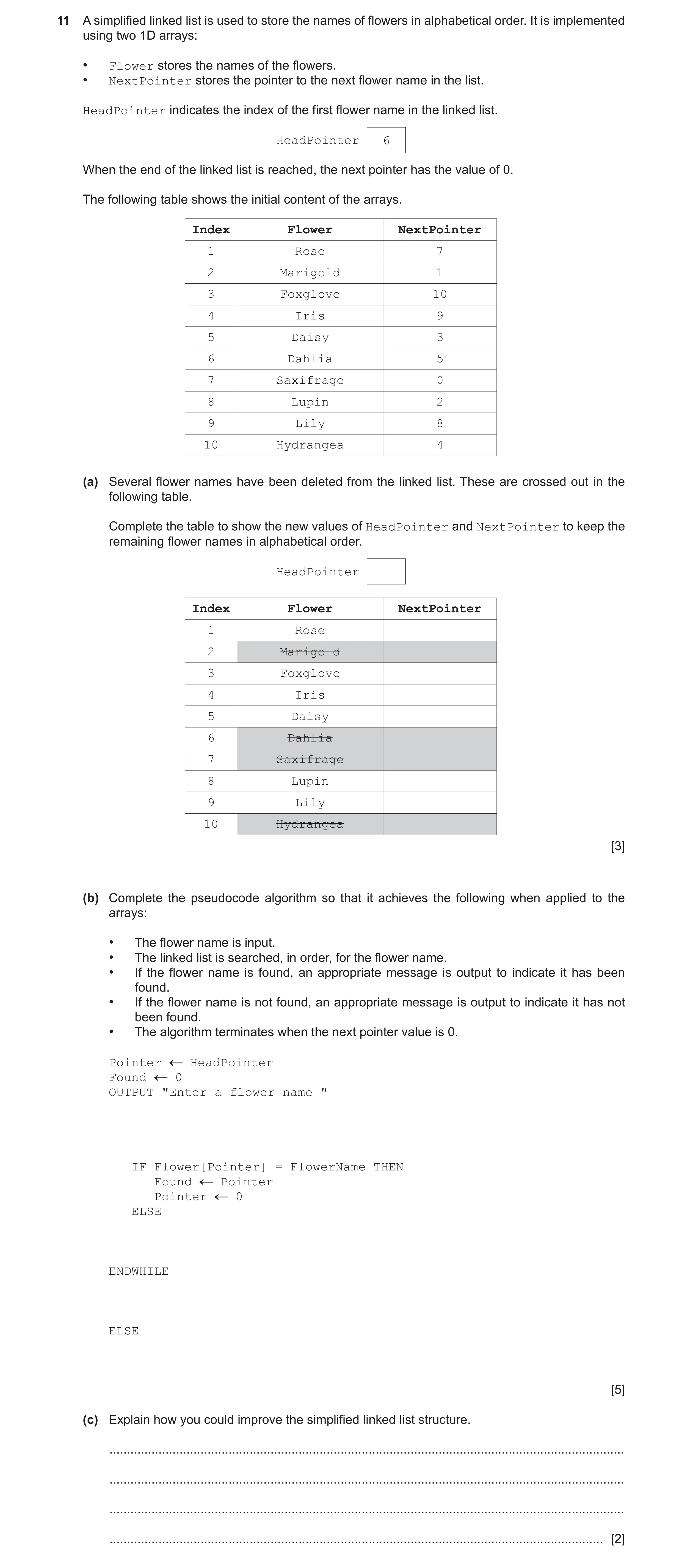 Question 14: A simplified linked list is used to store the names of flowers in alphabetical order. It is implemented using two 1D arrays: • Flower store…