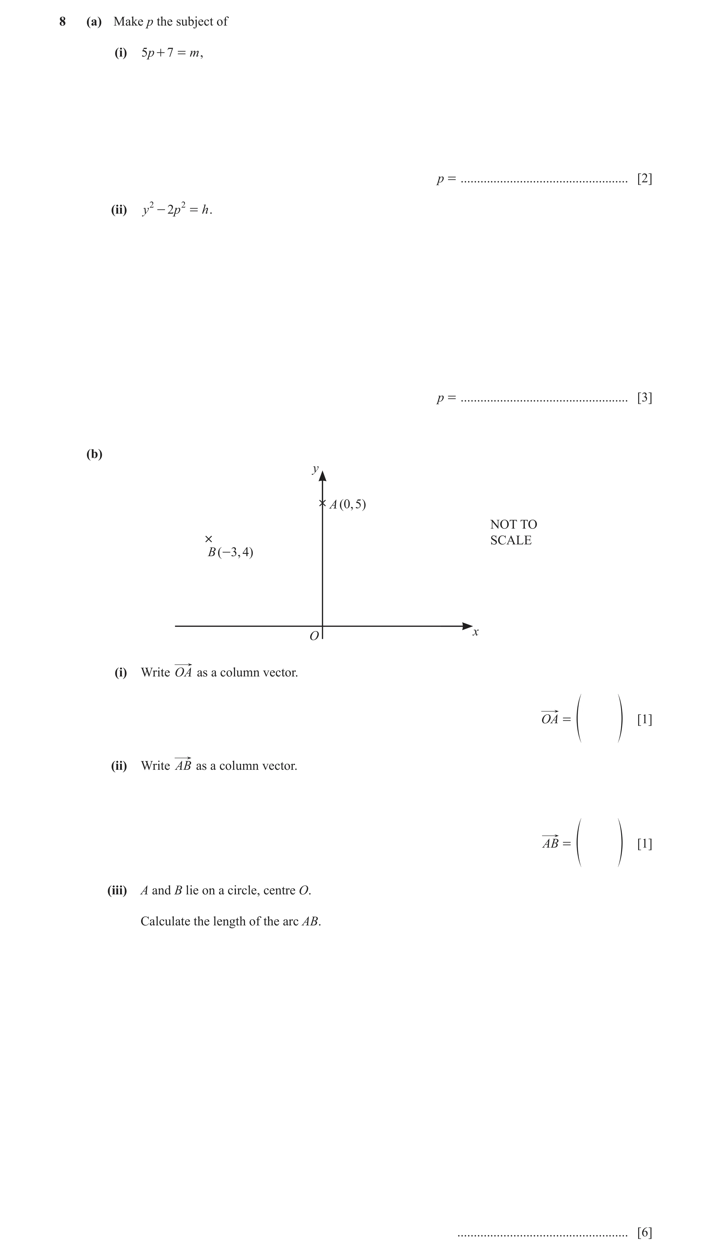 Question 2: (a) Make p the subject of (i) 5p + 7 = m , p = ................................................... [2] (ii) y 2 - 2p 2 = h . p = ..........…