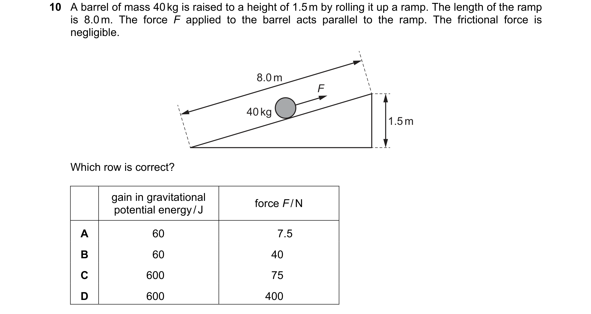 Question 65: A barrel of mass 40 kg is raised to a height of 1.5 m by rolling it up a ramp. The length of the ramp is 8.0 m. The force F applied to the …