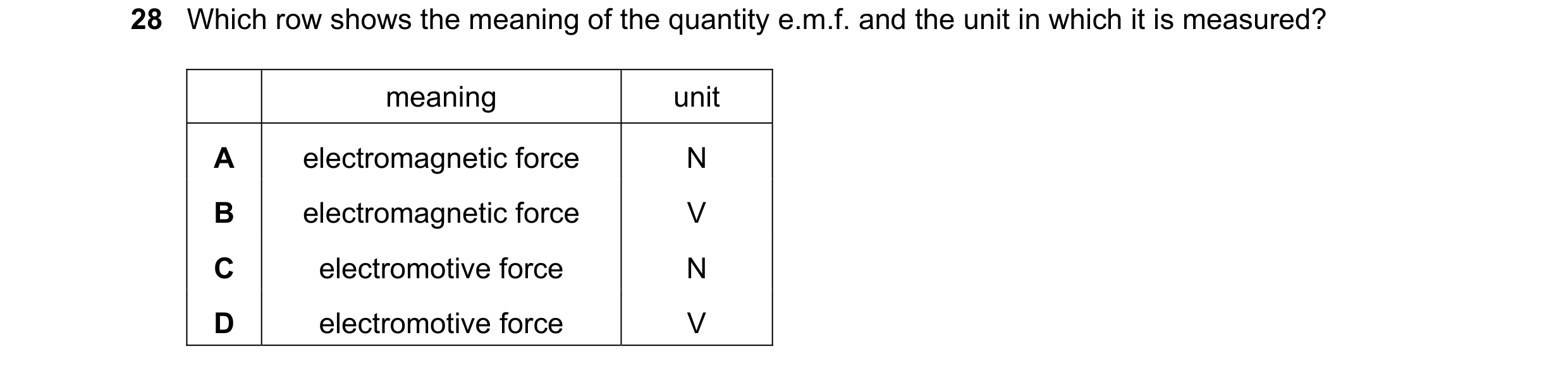 Question 71: Which row shows the meaning of the quantity e.m.f. and the unit in which it is measured? meaning unit A electromagnetic force N B electroma…