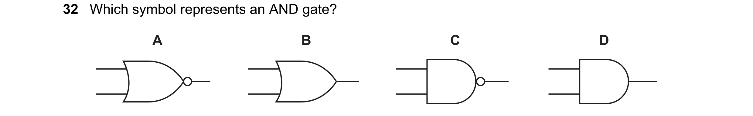 Question 90: Which symbol represents an AND gate? A B C D