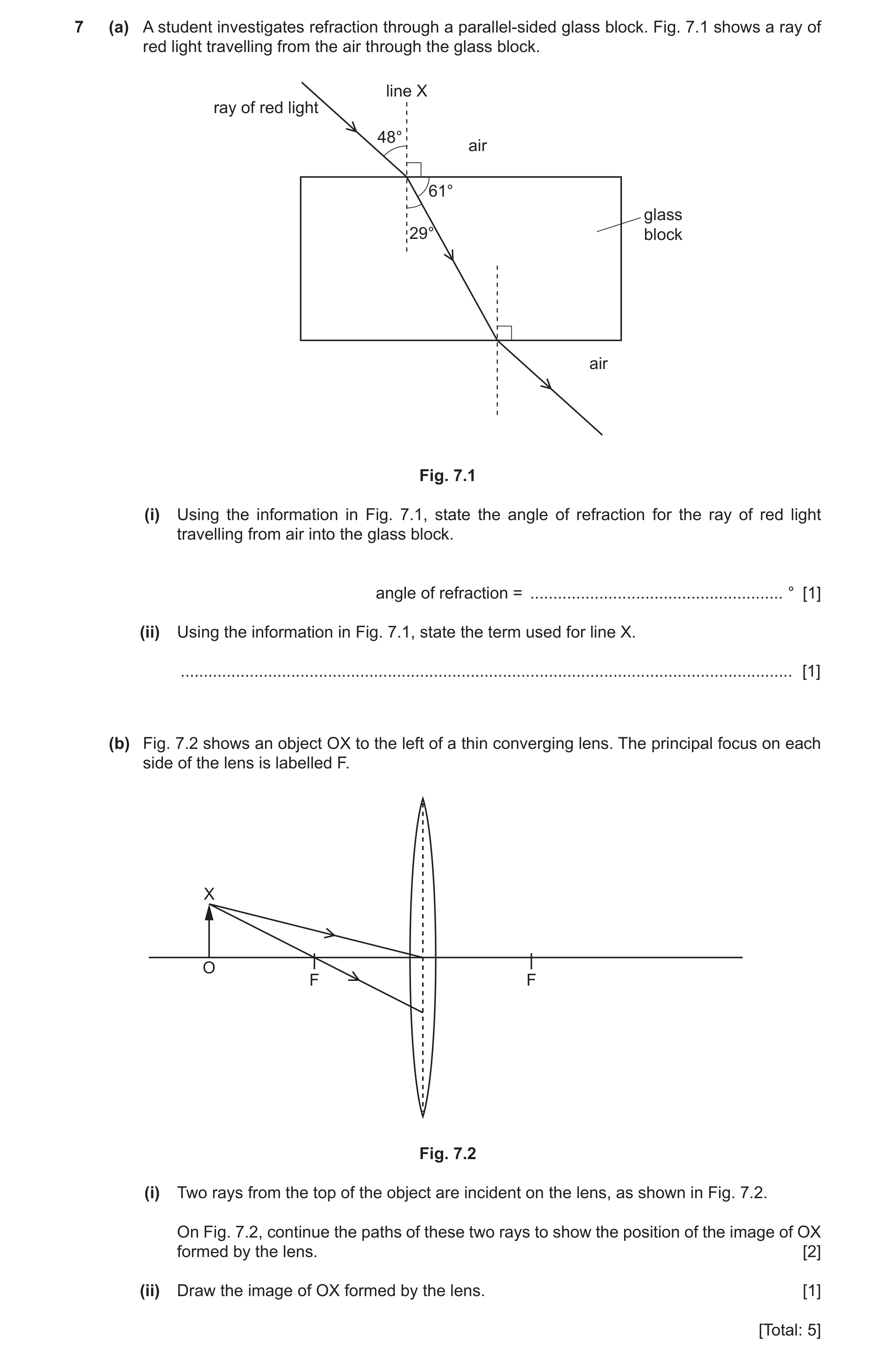 Question 32: (a) A student investigates refraction through a parallel- sided glass block. Fig. 7.1 shows a ray of red light travelling from the air thro…
