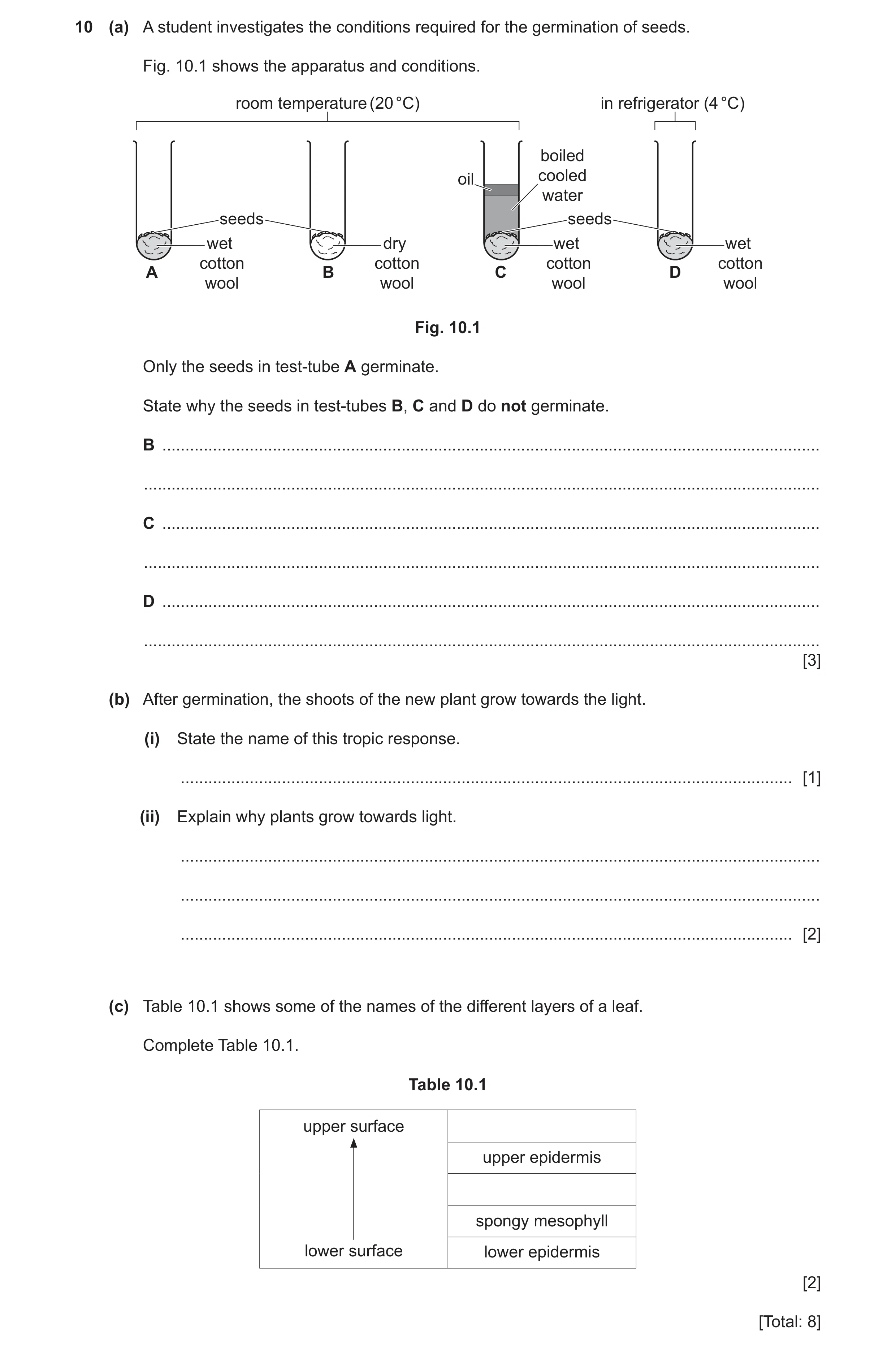 Question 15: (a) A student investigates the conditions required for the germination of seeds. Fig. 10.1 shows the apparatus and conditions. room tempera…