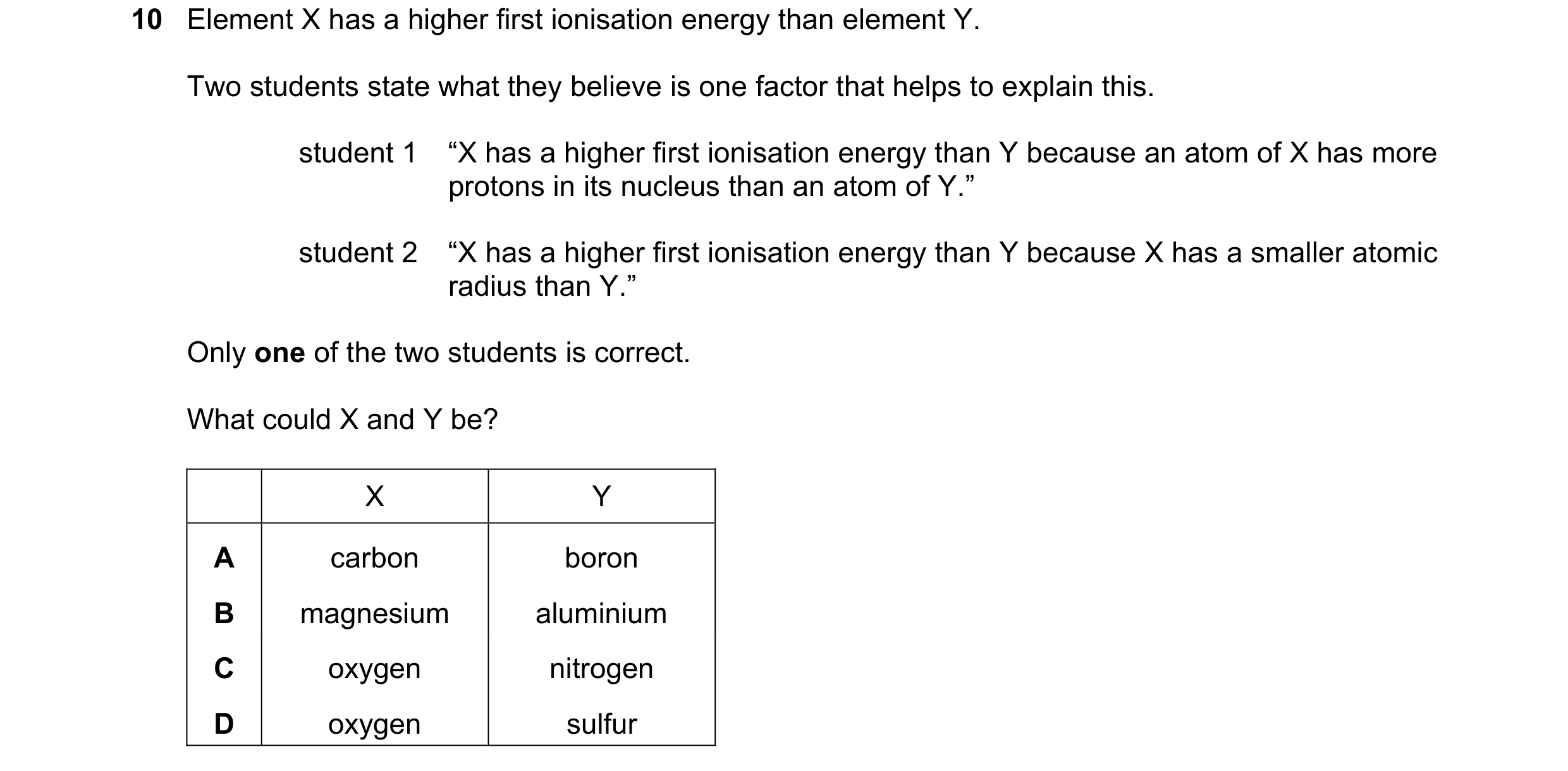 Question 52: Element X has a higher first ionisation energy than element Y. Two students state what they believe is one factor that helps to explain thi…