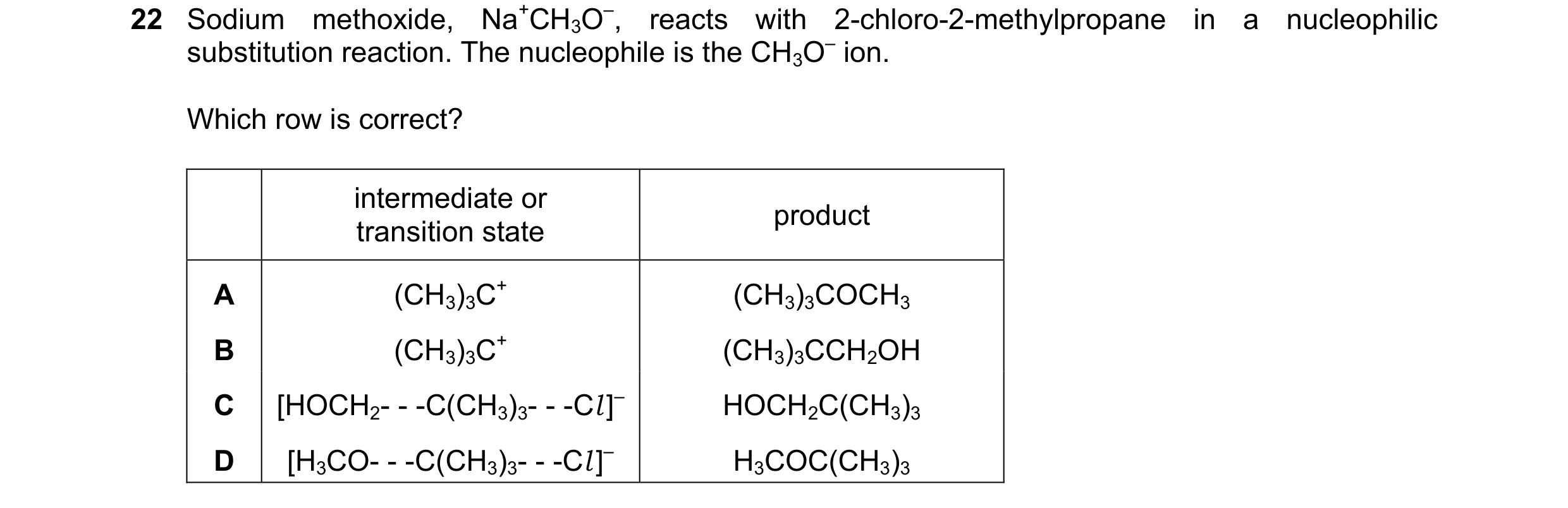 Question 141: Sodium methoxide, Na+CH3O–, reacts with 2-chloro-2-methylpropane in a nucleophilic substitution reaction. The nucleophile is the CH3O– ion.…