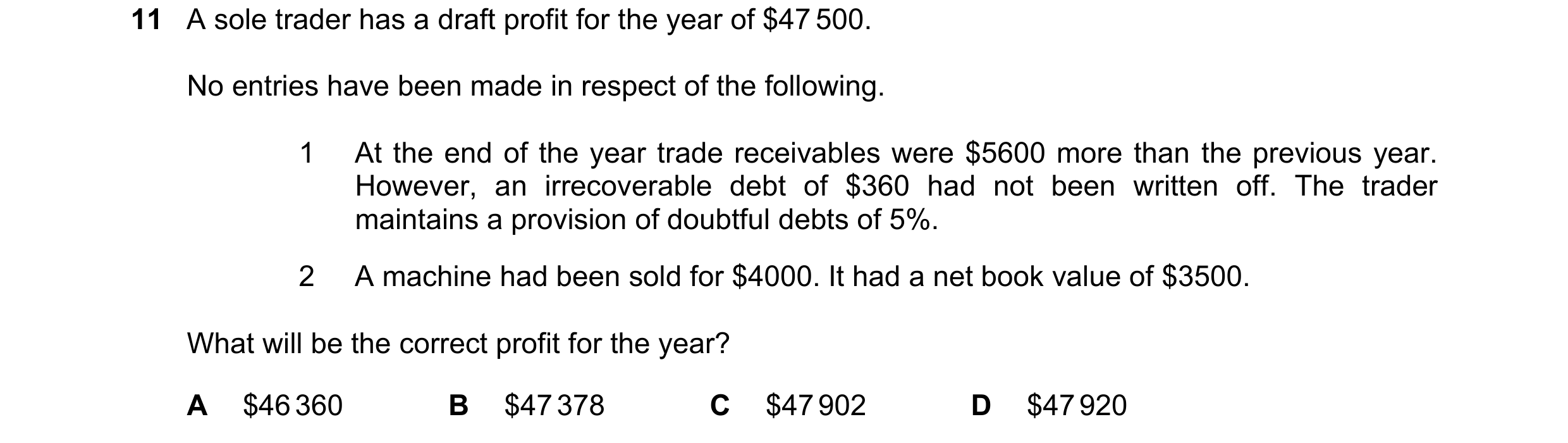 Question 287: A sole trader has a draft profit for the year of $47 500. No entries have been made in respect of the following. 1 At the end of the year t…
