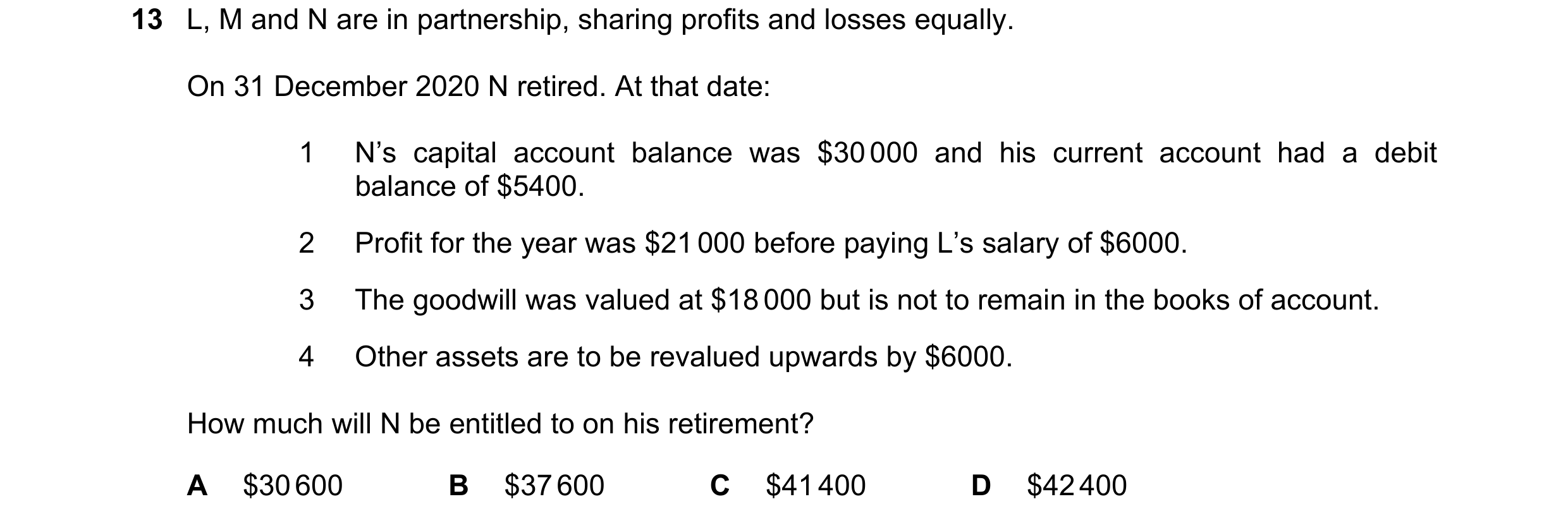 Question 115: L, M and N are in partnership, sharing profits and losses equally. On 31 December 2020 N retired. At that date: 1 N’s capital account balan…