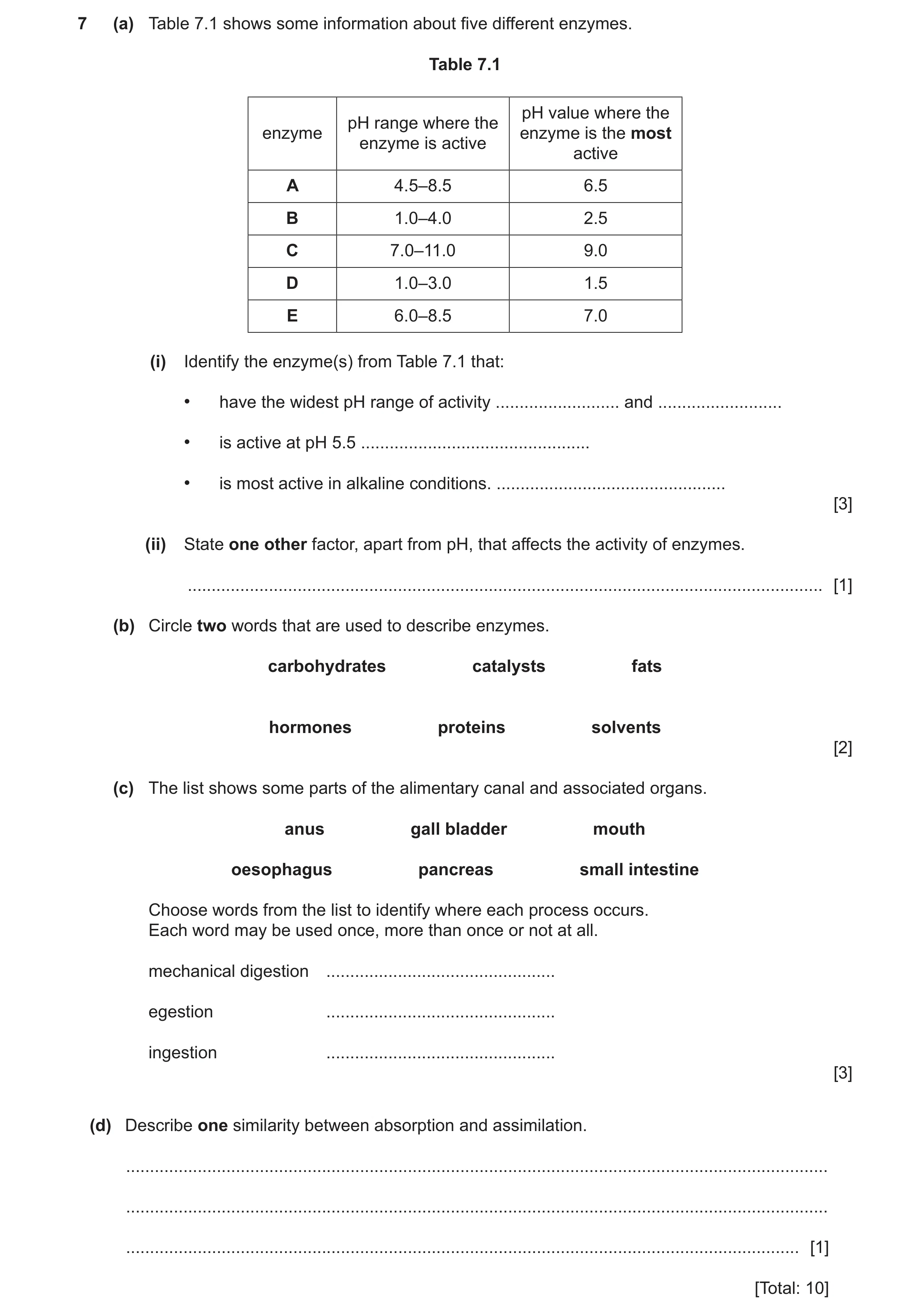 Question 12: (a) Table 7.1 shows some information about five different enzymes. Table 7.1 pH value where the pH range where the enzyme enzyme is the mos…