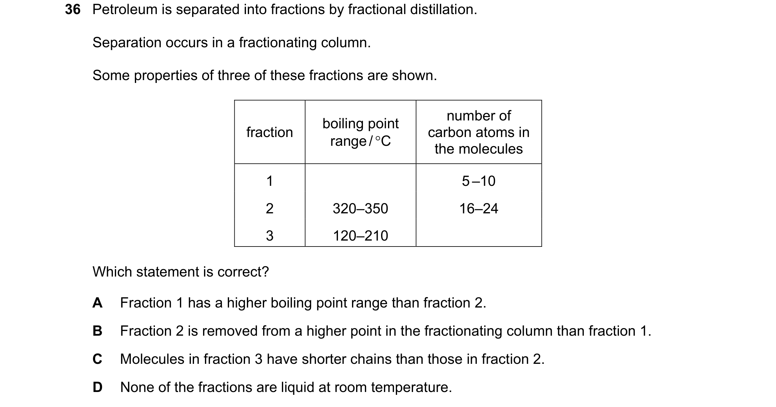 Question 10: Petroleum is separated into fractions by fractional distillation. Separation occurs in a fractionating column. Some properties of three of …