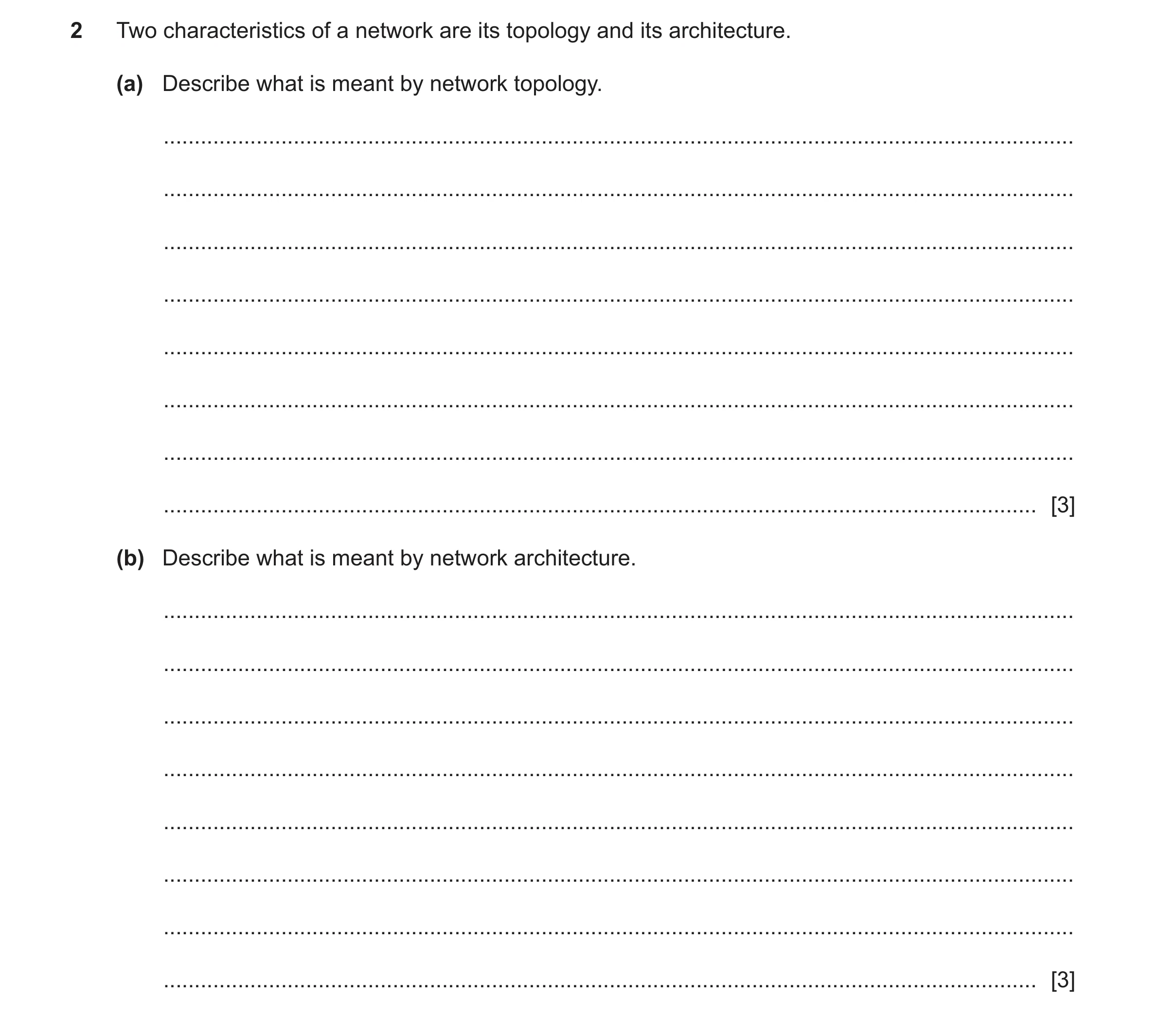 Question 16: Two characteristics of a network are its topology and its architecture. (a) Describe what is meant by network topology. ...................…