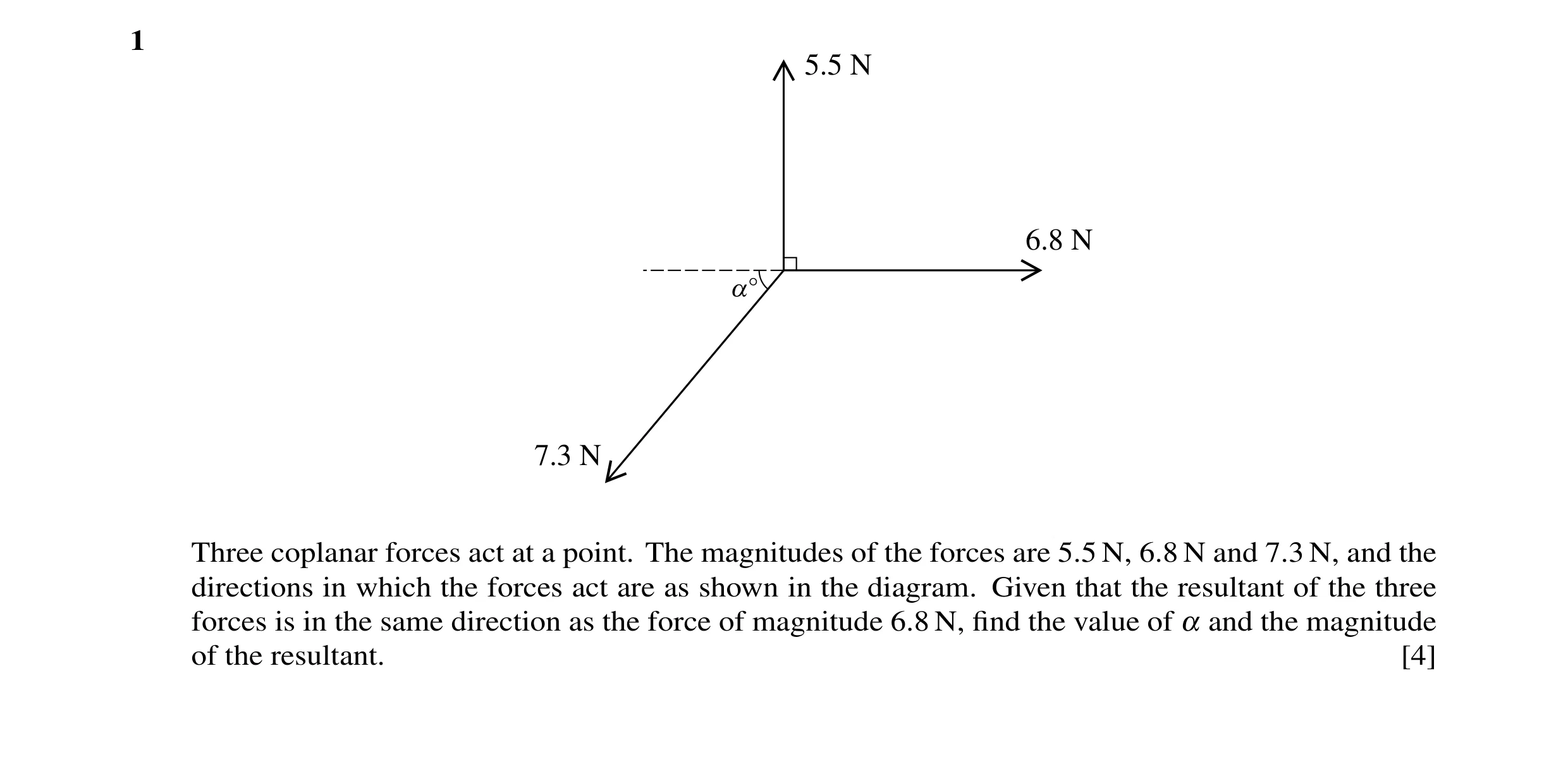 Question 24: 5.5 N 6.8 N a° 7.3 N Three coplanar forces act at a point. The magnitudes of the forces are 5.5 N, 6.8 N and 7.3 N, and the directions in w…